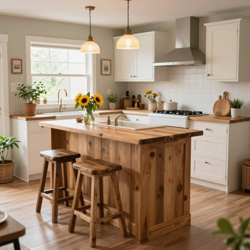 A cozy and inviting mini farmhouse kitchen island designed for small spaces, featuring a weathered wood finish and a charming farmhouse sink integrated into the island. In the foreground, a set of rustic bar stools style complement the island, while fresh herbs and a small vase of sunflowers adorn the surface. The middle ground showcases an open kitchen layout with soft white cabinetry and vintage-style fixtures, illuminated by warm pendant lights. In the background, a window allows natural light to fill the scene, surrounded by soft greenery outside. The atmosphere conveys warmth and a sense of practicality, perfect for compact living, captured from a slightly elevated angle to emphasize the layout and functionality of the space. A cozy and inviting mini farmhouse kitchen island designed for small spaces, featuring a weathered wood finish and a charming farmhouse sink integrated into the island. In the foreground, a set of rustic bar stools style complement the island, while fresh herbs and a small vase of sunflowers adorn the surface. The middle ground showcases an open kitchen layout with soft white cabinetry and vintage-style fixtures, illuminated by warm pendant lights. In the background, a window allows natural light to fill the scene, surrounded by soft greenery outside. The atmosphere conveys warmth and a sense of practicality, perfect for compact living, captured from a slightly elevated angle to emphasize the layout and functionality of the space.