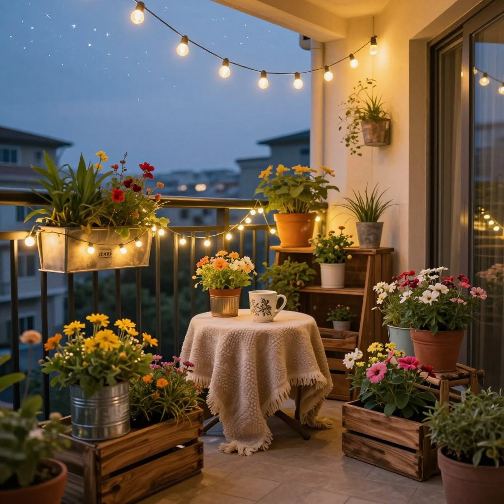 A cozy apartment balcony decorated with upcycled planters and warm string lights. In the foreground, vibrant planters made from repurposed materials, such as painted tin cans and wooden crates, filled with colorful flowers and lush greenery. In the middle, a small table draped with a soft, textured blanket and an elegant ceramic mug, showcasing a warm ambiance. The background features a softly lit evening sky with glimmering stars, creating a serene atmosphere. The scene is illuminated by the gentle glow of string lights overhead, casting a warm light on the decorations. Use a wide-angle lens to capture the essence of the space, emphasizing the charm and inviting feel of this budget-friendly balcony decor. The overall mood should be chic and cozy, reflecting an inviting outdoor retreat.