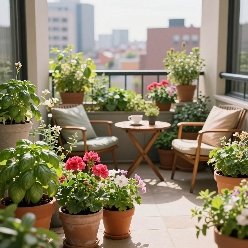A cozy balcony garden filled with lush container plants showcasing a variety of flowers and greenery. In the foreground, colorful pots with vibrant blooms like geraniums, petunias, and herbs like basil and mint create a lively atmosphere. The middle ground features a small wooden table with a cup of coffee, surrounded by a couple of comfortable chairs adorned with soft cushions. The background reveals a beautiful city skyline, gently blurred to maintain focus on the garden. Soft, warm sunlight filters through, casting gentle shadows that enhance the inviting mood. The image should evoke a sense of tranquility and charm, perfect for a chic urban apartment vibe, with no people present.