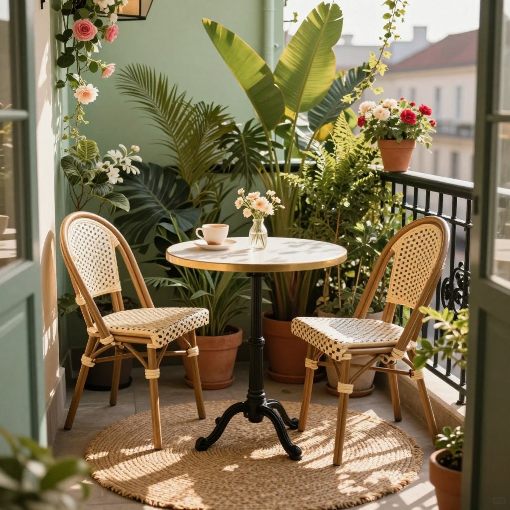 A cozy balcony scene featuring a charming bistro set with a small round table and two elegant chairs, set against a backdrop of vibrant potted plants. The foreground highlights a woven rug beneath the bistro set, enhancing the inviting atmosphere. In the middle, the table is adorned with a charming table setting, possibly a cup of coffee or a small vase of flowers. In the background, a soft green and flowering wall adds life and color. The light is warm and golden, suggesting late afternoon sun streaming through, casting gentle shadows. The overall mood is relaxed and chic, perfect for an intimate outdoor gathering. The scene captures the essence of comfort meeting style without any distractions.