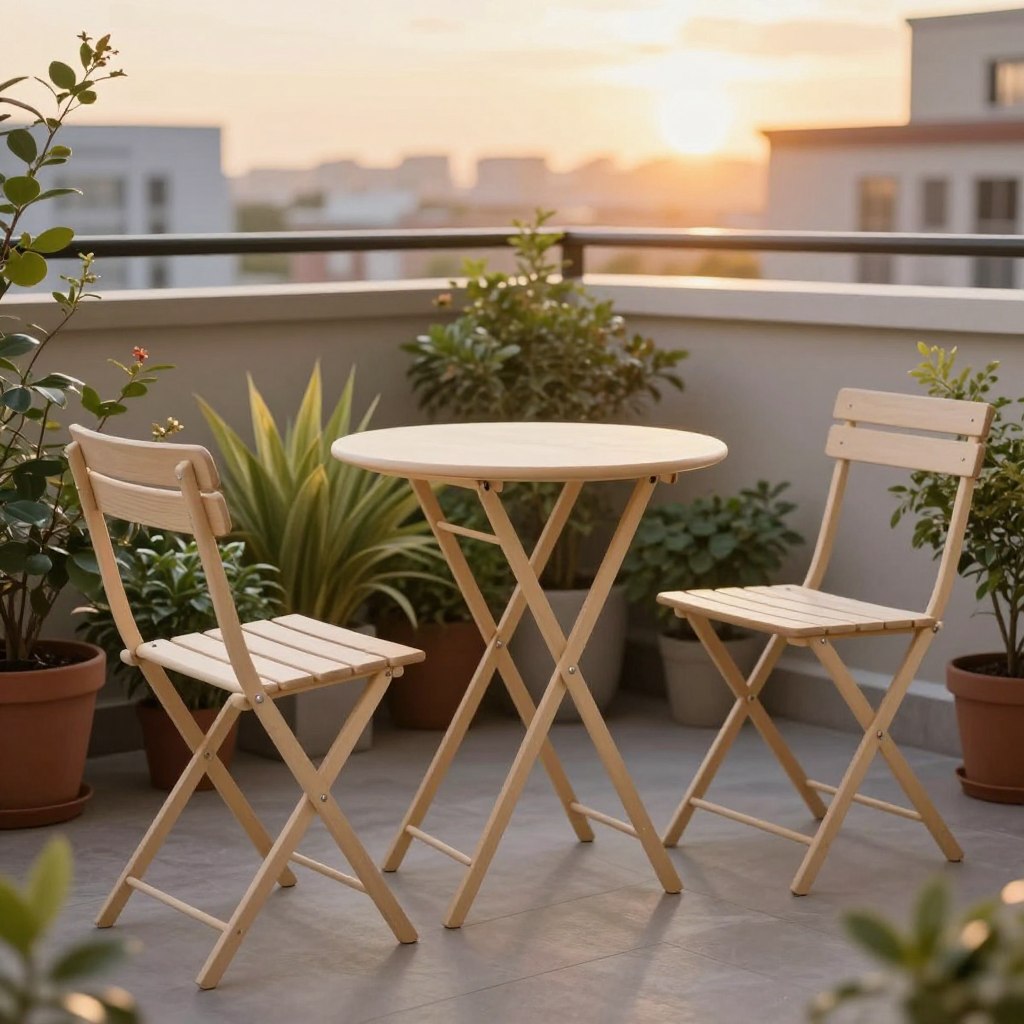 A cozy balcony scene featuring a stylish foldable bistro set, consisting of a small circular table and two elegant chairs, elegantly arranged to maximize space. The set is made from light-colored wood with a minimalistic design, exuding a modern yet inviting vibe. In the foreground, focus on the bistro set, showcasing its collapsible features and smooth lines. The middle background features vibrant potted plants, adding a touch of greenery and life to the scene. The background includes a soft blurred view of a cityscape at sunset, with warm, golden lighting casting a tranquil glow over the setting. The overall atmosphere is calm and inviting, perfect for enjoying a morning coffee or an intimate dinner. The shot is taken from a slight angle, emphasizing the charm of the furniture while inviting viewers into the serene space.