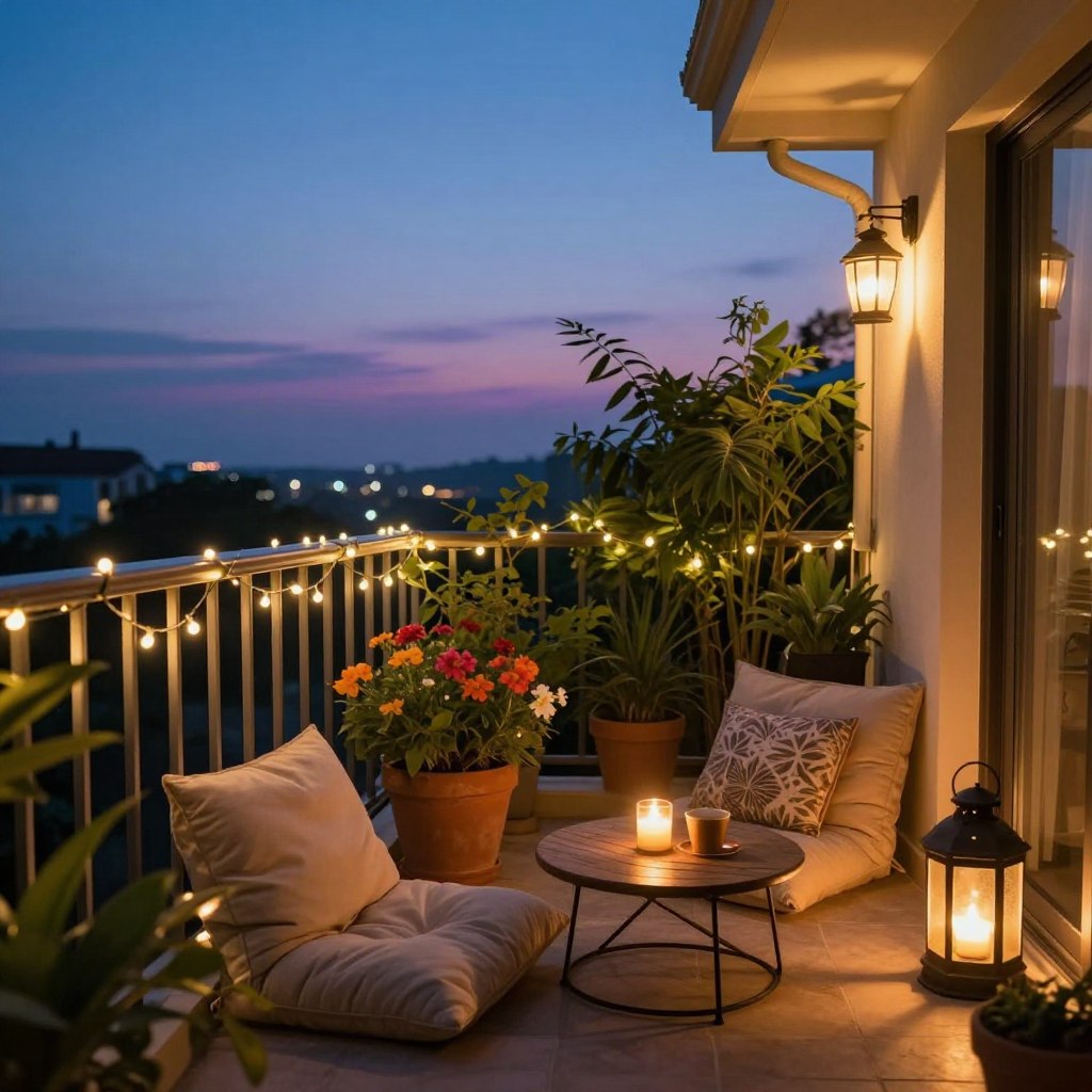 A cozy balcony setting at twilight, adorned with warm, twinkling string lights and softly glowing lanterns, creating a serene atmosphere. In the foreground, comfortable outdoor furniture, such as plush cushions and a small table with a lit candle, invites relaxation. The middle ground showcases potted plants, including colorful flowers and lush greenery, enhancing the balcony's charm. In the background, a soft gradient sky transitioning from deep blue to hints of purple adds to the ambiance. The scene is illuminated by the gentle glow of the lights, casting a warm and inviting hue, reminiscent of a peaceful evening retreat. Shot from a slightly elevated angle to capture the full essence, the atmosphere reflects a chic and cozy vibe perfect for unwinding.