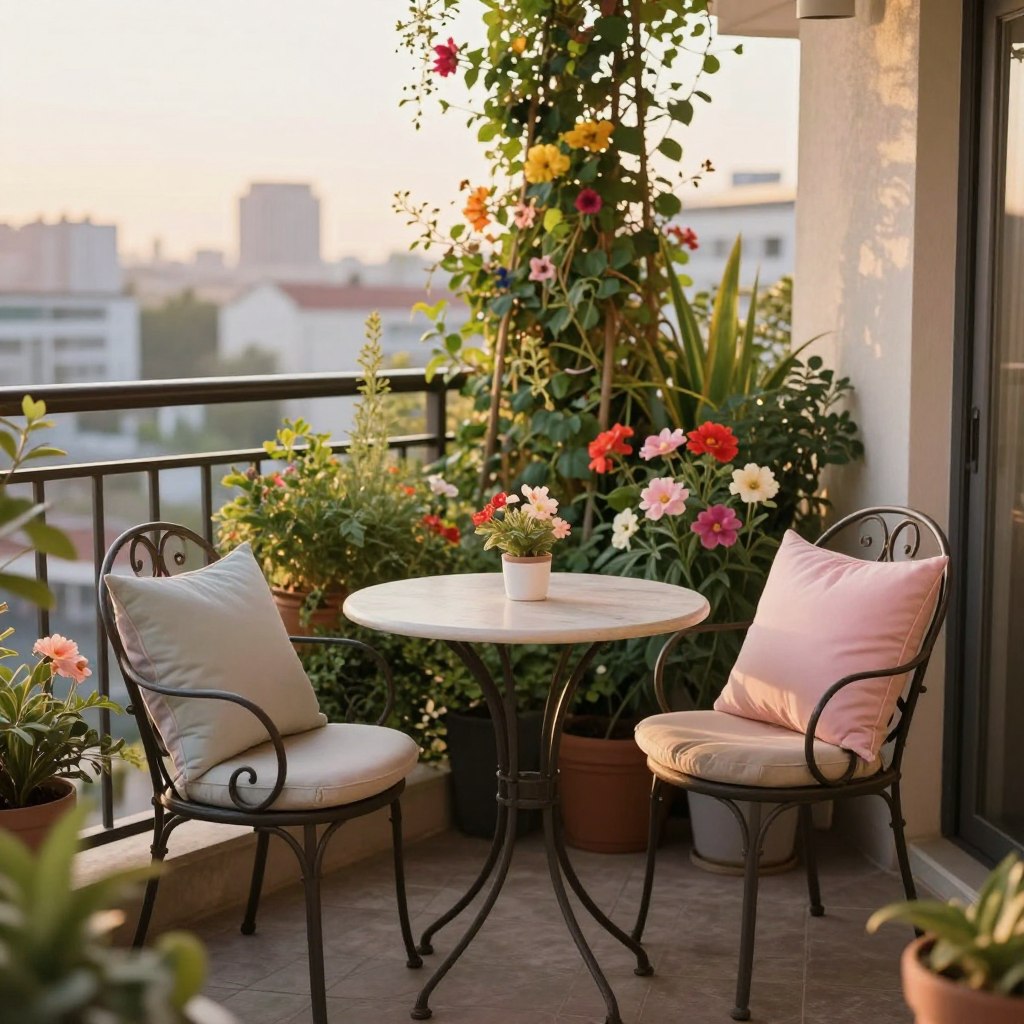 A cozy balcony setting featuring a stylish small bistro set made of wrought iron with a round table and two matching chairs. In the foreground, delicate pastel-colored cushions are placed on the chairs, adding comfort and vibrancy. The middle ground showcases a vibrant vertical garden filled with lush green plants and colorful flowers, climbing up a trellis, creating a serene backdrop. The background reveals a soft-focus view of the city skyline under a warm golden hour light, giving a tranquil feel. The scene is captured from a slightly elevated angle to emphasize the arrangement, with a shallow depth of field creating a dreamy atmosphere. This chic setup invites relaxation and enhances the cozy ambiance of the apartment balcony.