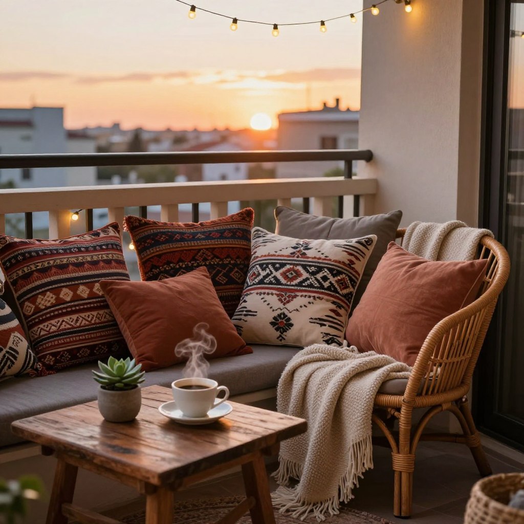A cozy balcony setup featuring layered textiles, including soft, inviting cushions in various shapes and sizes, and a woven throw blanket draped over a stylish rattan chair. The foreground highlights a small, rustic wooden table adorned with a steaming cup of coffee and a potted succulent. In the middle, a rich tapestry of patterned throw pillows adds a pop of color, creating an inviting atmosphere. The background showcases a softly blurred urban skyline at sunset, casting warm golden light that enhances the cozy vibe. The scene is framed with twinkling fairy lights above, adding a magical touch. The overall mood is serene and harmonious, inviting contemplation and relaxation.