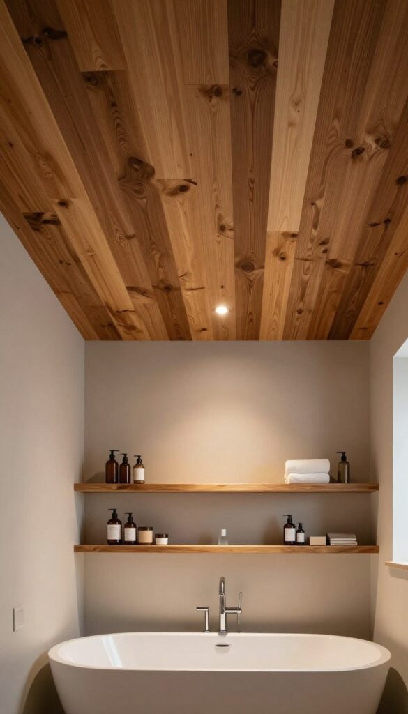 A cozy bathroom interior featuring a ceiling adorned with natural wood planks, showcasing a warm and inviting atmosphere. The planks are rich in texture, displaying various shades of brown, with some areas featuring softer, lighter hues. In the foreground, a sleek modern bathtub sits beneath the ceiling, complemented by a stylish faucet. The middle section includes elegant floating shelves with neatly arranged bathroom essentials. The bathroom walls are a soft, neutral color, enhancing the warmth of the wood ceiling. Soft, diffused lighting emanates from recessed fixtures, casting gentle shadows that highlight the textures of the wood and create a tranquil ambiance. The scene is presented from a slightly angled perspective, capturing the full expanse of the wooden ceiling, evoking a sense of comfort in a beautifully designed space. A cozy bathroom interior featuring a ceiling adorned with natural wood planks, showcasing a warm and inviting atmosphere. The planks are rich in texture, displaying various shades of brown, with some areas featuring softer, lighter hues. In the foreground, a sleek modern bathtub sits beneath the ceiling, complemented by a stylish faucet. The middle section includes elegant floating shelves with neatly arranged bathroom essentials. The bathroom walls are a soft, neutral color, enhancing the warmth of the wood ceiling. Soft, diffused lighting emanates from recessed fixtures, casting gentle shadows that highlight the textures of the wood and create a tranquil ambiance. The scene is presented from a slightly angled perspective, capturing the full expanse of the wooden ceiling, evoking a sense of comfort in a beautifully designed space.