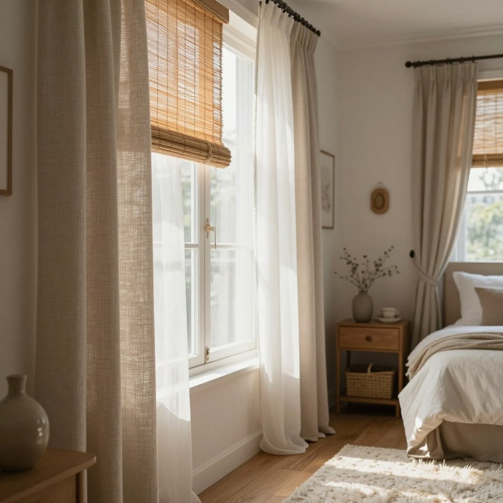 A cozy bedroom featuring diverse DIY window treatments that provide budget-friendly privacy solutions. In the foreground, showcase an elegant window adorned with a mixture of stylish yet affordable options, such as bamboo shades, homemade fabric curtains in soft neutral tones, and a sheer panel for added light. The middle ground should include a bedside table with decorative elements, and a plush rug adding warmth to the space. In the background, capture a softly lit ambiance with natural light filtering through the windows, casting gentle shadows. The setting should evoke a serene, inviting atmosphere, emphasizing creativity and resourcefulness in interior decor. Use soft focus to create a dreamy effect, with the lens angled slightly upward to highlight the window treatments. A cozy bedroom featuring diverse DIY window treatments that provide budget-friendly privacy solutions. In the foreground, showcase an elegant window adorned with a mixture of stylish yet affordable options, such as bamboo shades, homemade fabric curtains in soft neutral tones, and a sheer panel for added light. The middle ground should include a bedside table with decorative elements, and a plush rug adding warmth to the space. In the background, capture a softly lit ambiance with natural light filtering through the windows, casting gentle shadows. The setting should evoke a serene, inviting atmosphere, emphasizing creativity and resourcefulness in interior decor. Use soft focus to create a dreamy effect, with the lens angled slightly upward to highlight the window treatments.