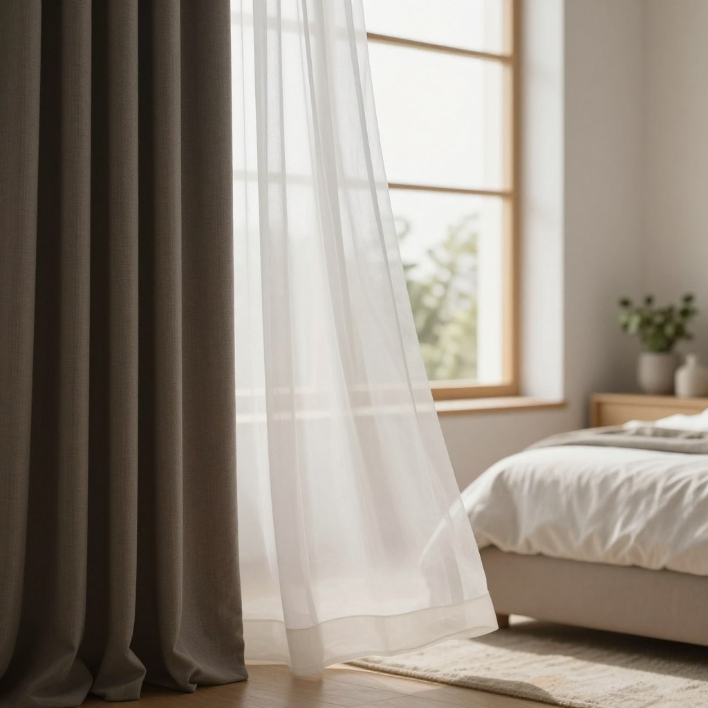 A cozy bedroom scene featuring layered window treatments designed for privacy. In the foreground, a stylishly arranged pair of sheer white curtains gently flowing with the breeze, complemented by a deeper-toned blackout curtain drawn slightly apart to showcase the layered effect. In the middle, a sleek wooden window frame with modern, minimalist design, allowing soft, diffused natural light to illuminate the room without sacrificing privacy. The background includes softly blurred decorative elements like potted plants and a plush bed, enhancing the serene atmosphere. The image should evoke tranquility, combining warm, inviting tones with a contemporary aesthetic. Capture the scene with a soft focus lens effect, emphasizing the textures of the fabrics and the harmony of the décor, all under gentle afternoon light. A cozy bedroom scene featuring layered window treatments designed for privacy. In the foreground, a stylishly arranged pair of sheer white curtains gently flowing with the breeze, complemented by a deeper-toned blackout curtain drawn slightly apart to showcase the layered effect. In the middle, a sleek wooden window frame with modern, minimalist design, allowing soft, diffused natural light to illuminate the room without sacrificing privacy. The background includes softly blurred decorative elements like potted plants and a plush bed, enhancing the serene atmosphere. The image should evoke tranquility, combining warm, inviting tones with a contemporary aesthetic. Capture the scene with a soft focus lens effect, emphasizing the textures of the fabrics and the harmony of the décor, all under gentle afternoon light.