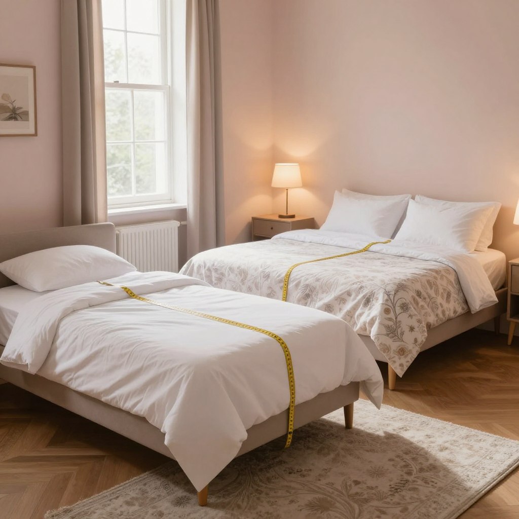 A cozy bedroom setting showcasing a comparison of twin and full beds. In the foreground, a neatly made twin bed with crisp white linens, next to a slightly larger full bed adorned with a patterned duvet. Measuring tape is laid across both beds, emphasizing their dimensions. In the middle ground, a stylish nightstand holds a small lamp casting soft, warm light. To create a sense of space, an elegant window allows natural daylight to illuminate the scene, enhancing the warm atmosphere of the room. The walls are painted in soft pastels, and a plush area rug covers the wooden floor, inviting comfort. The overall mood is peaceful and inviting, perfect for illustrating thoughtful considerations for bed size in a smaller bedroom.