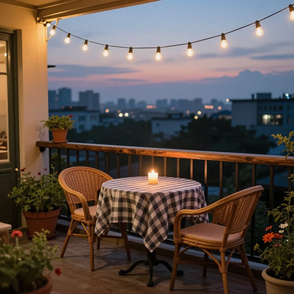 A cozy bistro-style balcony setting at twilight, featuring a small round table adorned with a charming checkered tablecloth, two comfortable wicker chairs, and a flickering candle placed in the center. Delicate string lights drape overhead, casting a warm, inviting glow across the scene. In the foreground, a few potted herbs and vibrant flowers add a touch of color and greenery. The middle ground showcases the railing of the balcony, complete with rustic wooden finishes. In the background, silhouettes of a city skyline framed by a dusky sky enhance the ambiance of relaxation. The soft, diffused lighting creates an intimate atmosphere, ideal for a peaceful evening escape. Showcase a wide-angle perspective that captures the essence of a modern yet budget-friendly retreat.