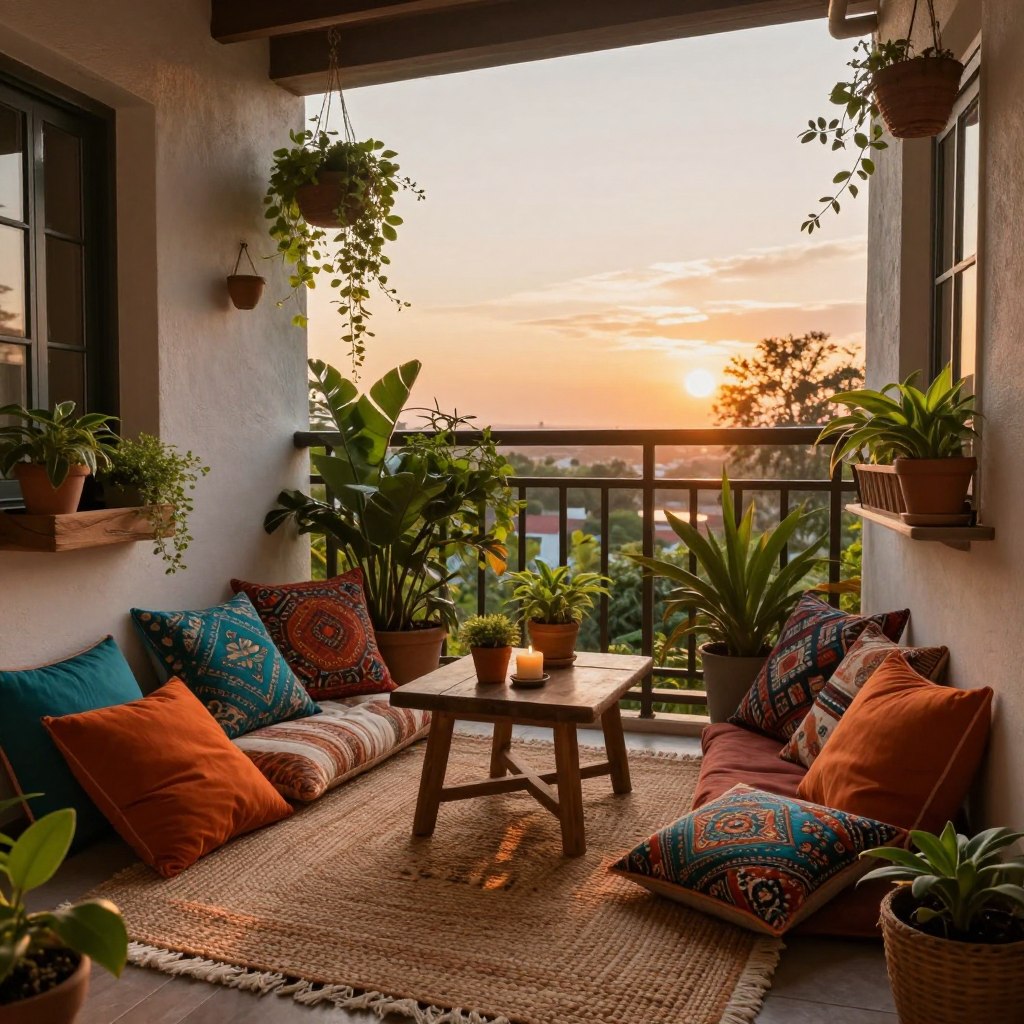 A cozy bohemian balcony retreat, showcasing layered textiles in warm earth tones like burnt orange and deep turquoise. The foreground features a plush, woven rug, surrounded by an assortment of throw pillows with intricate patterns. In the middle, a small wooden table is decorated with a few potted plants and a candle, evoking a relaxed vibe. Lush green plants cascade from hanging baskets and window boxes, adding life and depth. The background reveals a softly illuminated sunset sky, casting a warm golden light across the scene. The angle captures the balcony from a slightly elevated perspective, emphasizing the inviting atmosphere, perfect for unwinding. The overall mood is serene and inviting, ideal for relaxation and contemplation. A cozy bohemian balcony retreat, showcasing layered textiles in warm earth tones like burnt orange and deep turquoise. The foreground features a plush, woven rug, surrounded by an assortment of throw pillows with intricate patterns. In the middle, a small wooden table is decorated with a few potted plants and a candle, evoking a relaxed vibe. Lush green plants cascade from hanging baskets and window boxes, adding life and depth. The background reveals a softly illuminated sunset sky, casting a warm golden light across the scene. The angle captures the balcony from a slightly elevated perspective, emphasizing the inviting atmosphere, perfect for unwinding. The overall mood is serene and inviting, ideal for relaxation and contemplation.