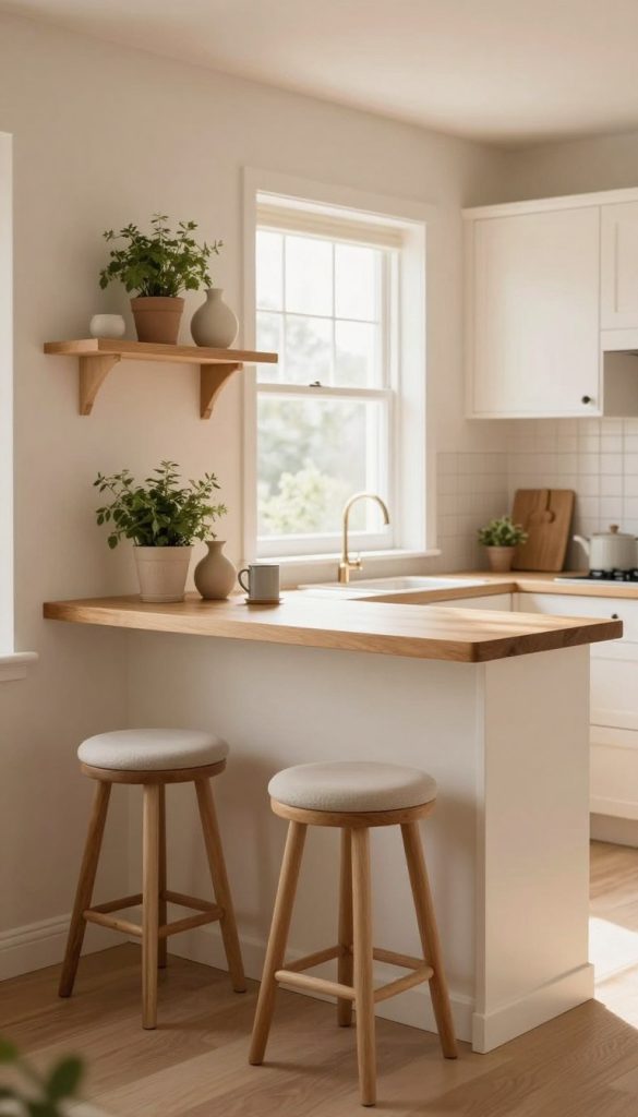 A cozy breakfast nook featuring a stylish floating shelf breakfast bar adorned with minimalist decor and elegant counter stools. The foreground includes beautifully crafted wooden stools with soft cushions, positioned beside the floating shelf that showcases potted herbs and a small decorative vase. In the middle ground, the open space reveals a warm wooden counter illuminated by soft, natural light filtering through a nearby window, creating an inviting atmosphere. The background consists of a quaint kitchen setting with subtle pastel colors, complemented by white cabinetry and delicate wall art. The overall vibe is serene and homely, with a focus on simplicity and comfort, perfect for enjoying a relaxing breakfast. The image captures the morning light, enhancing the warmth and inviting feel of the nook.