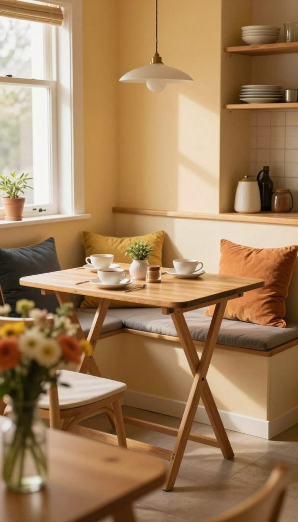 A cozy breakfast nook featuring a stylish fold-down table and wall-mounted seating in a small, inviting kitchen. The table is made of light wood with clean lines, comfortably accommodating two place settings. The wall-mounted seating is adorned with colorful, plush cushions, enhancing comfort. In the foreground, a vase with fresh flowers adds a touch of color, while a small, decorative plant sits on the table. The middle ground showcases the seating arrangement against a backdrop of warm, painted walls, with soft morning light filtering through a nearby window, creating a serene atmosphere. The background includes subtle kitchen elements, like open shelving with neatly arranged dishware. The scene is captured using a soft focus lens to create an intimate and inviting mood.