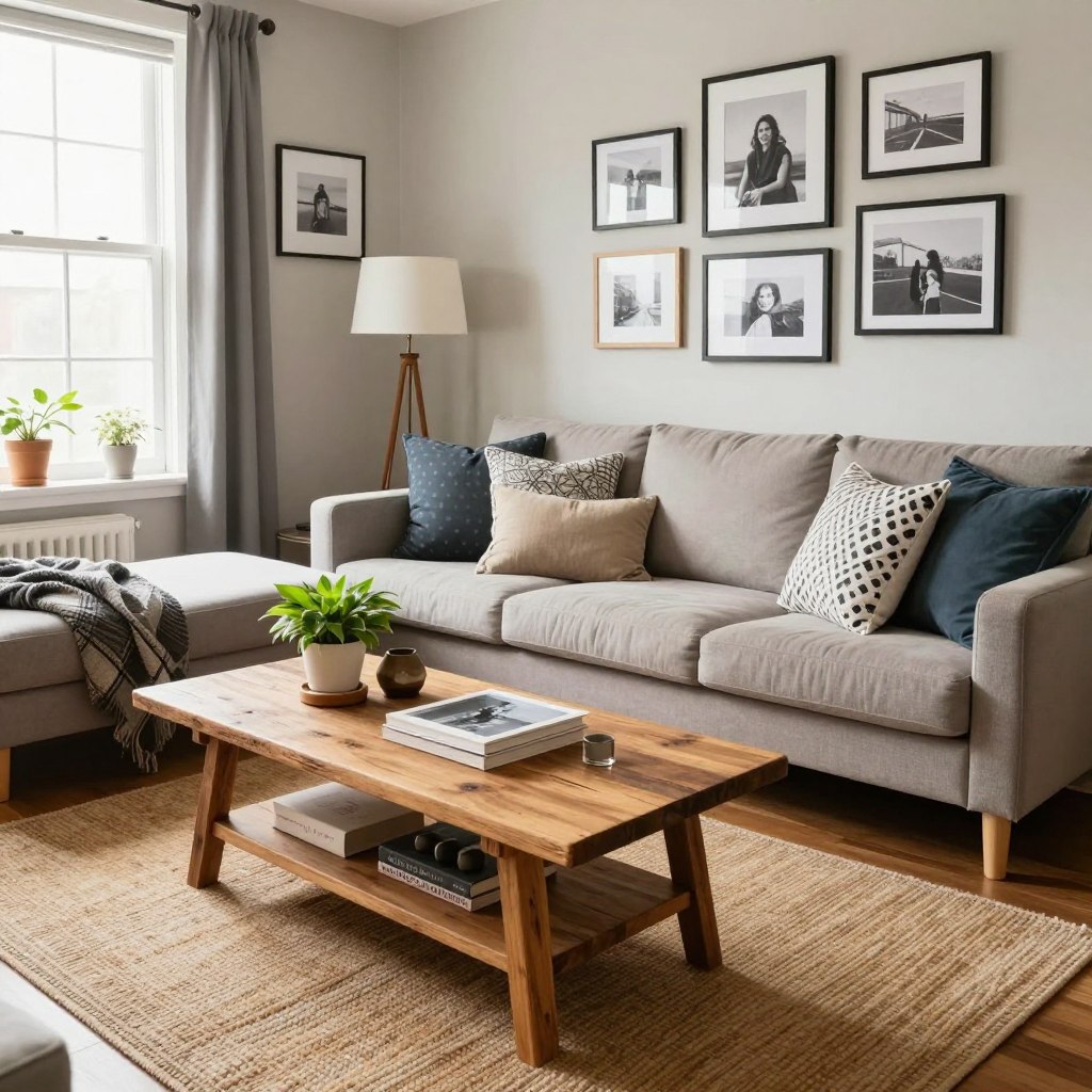 A cozy, budget-friendly living room showcasing a blend of trendy decor and clever space-saving ideas. In the foreground, a stylish, upcycled coffee table made from reclaimed wood with decorative items, such as potted plants and affordable art prints. The middle ground features a comfortable, modular sofa adorned with mixed-pattern throw pillows, a warm, textured rug, and an inviting reading nook with a floor lamp. The background includes a tasteful gallery wall of framed photographs and DIY artwork, complemented by natural light streaming in through a large window, creating a bright and airy atmosphere. The scene conveys a sense of warmth, creativity, and resourcefulness, ideal for illustrating contemporary, budget-conscious design trends.