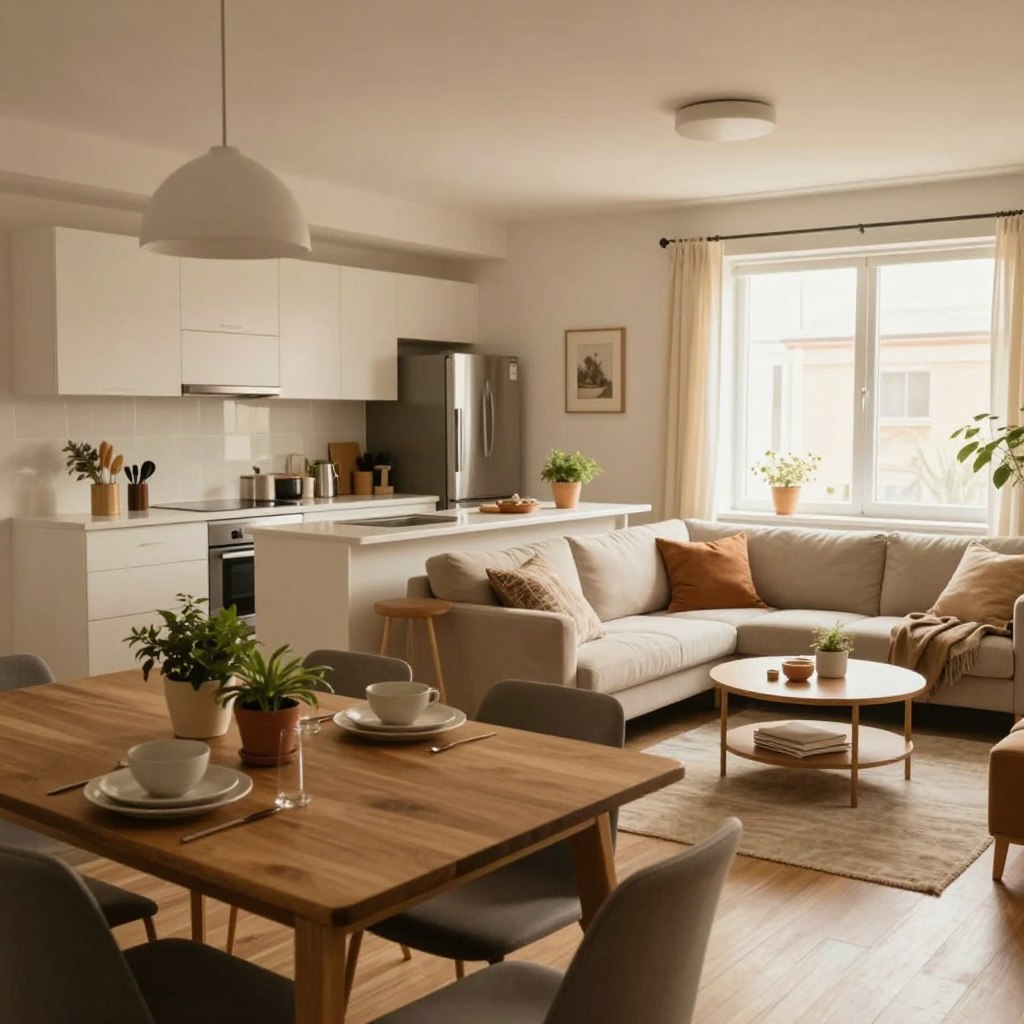 A cozy, budget-friendly open concept kitchen and living room layout in a modern apartment. In the foreground, a stylish wooden dining table with simple, elegant place settings and a few potted plants. The kitchen features white cabinets, stainless steel appliances, and a small island with bar stools, showcasing an efficient use of space. In the middle, a comfortable living area with a soft, neutral-colored sofa adorned with decorative cushions and a chic coffee table, creating an inviting atmosphere. The background showcases a large window allowing warm, natural light to filter in, highlighting the airy ambiance. The overall mood is warm and welcoming, perfect for maximizing a small living area while maintaining a stylish look. A cozy, budget-friendly open concept kitchen and living room layout in a modern apartment. In the foreground, a stylish wooden dining table with simple, elegant place settings and a few potted plants. The kitchen features white cabinets, stainless steel appliances, and a small island with bar stools, showcasing an efficient use of space. In the middle, a comfortable living area with a soft, neutral-colored sofa adorned with decorative cushions and a chic coffee table, creating an inviting atmosphere. The background showcases a large window allowing warm, natural light to filter in, highlighting the airy ambiance. The overall mood is warm and welcoming, perfect for maximizing a small living area while maintaining a stylish look.