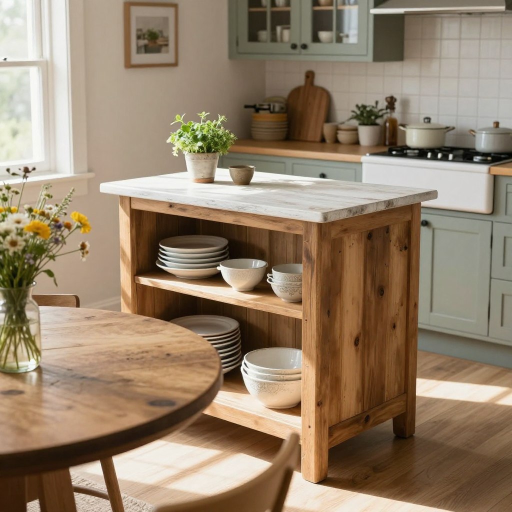 A cozy compact farmhouse kitchen island designed for small spaces, featuring a weathered wood finish with a whitewashed top. In the foreground, a round, rustic wood dining table complements the island, adorned with a bouquet of wildflowers. In the middle, the island boasts open shelving with neatly arranged dishware and a few potted herbs. Light streams in from a nearby window, casting soft shadows and creating a warm, inviting ambiance. The background showcases a charming kitchen with vintage-style cabinets and a farmhouse sink, decorated with farmhouse-style accents. The image captures a bright, airy atmosphere with a casual yet refined feel, ideal for a small but functional kitchen space. A cozy compact farmhouse kitchen island designed for small spaces, featuring a weathered wood finish with a whitewashed top. In the foreground, a round, rustic wood dining table complements the island, adorned with a bouquet of wildflowers. In the middle, the island boasts open shelving with neatly arranged dishware and a few potted herbs. Light streams in from a nearby window, casting soft shadows and creating a warm, inviting ambiance. The background showcases a charming kitchen with vintage-style cabinets and a farmhouse sink, decorated with farmhouse-style accents. The image captures a bright, airy atmosphere with a casual yet refined feel, ideal for a small but functional kitchen space.