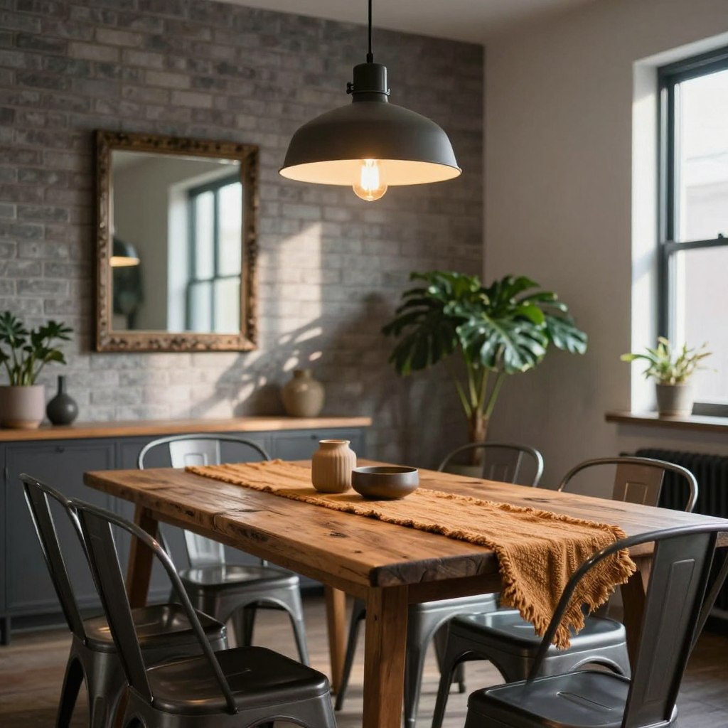 A cozy contemporary dining room showcasing an industrial chic style. The foreground features a reclaimed wood dining table with sleek metal chairs, accented by a warm, textured table runner. In the middle ground, a large, pendant light with an exposed bulb hangs over the table, creating inviting illumination. The backdrop highlights a brick wall with subtle tones of gray, complemented by a vintage-inspired mirror and a few potted green plants. Natural light filters through large windows, casting soft shadows across the room, enhancing the warm and inviting atmosphere. The overall mood is stylish yet comfortable, perfect for gatherings. The angle captures the depth of the space, emphasizing the harmonious blend of industrial elements and cozy decor.