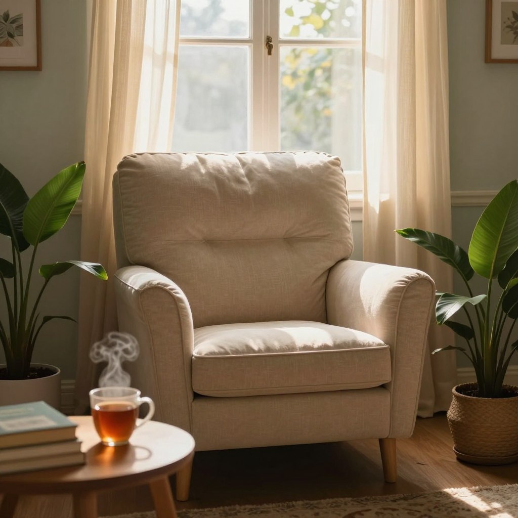 A cozy corner cocoon armchair nestled in a sunlit alcove, designed for an inviting reading nook. The armchair, upholstered in soft, textured fabric, features high backrests and deeply cushioned seats, flanked by two serene houseplants in elegant pots. In the foreground, a small wooden side table holds a steaming mug of tea and a stack of books, casting gentle shadows. The middle ground reveals a large window covered by sheer curtains, allowing golden daylight to filter in, creating a warm ambiance. The background showcases a painted wall with subtle, calming tones, enhancing the snugness of the space. Capture this scene using a soft focus lens to emphasize the chair and create an intimate, tranquil mood perfect for reading. The overall atmosphere should feel welcoming and peaceful.