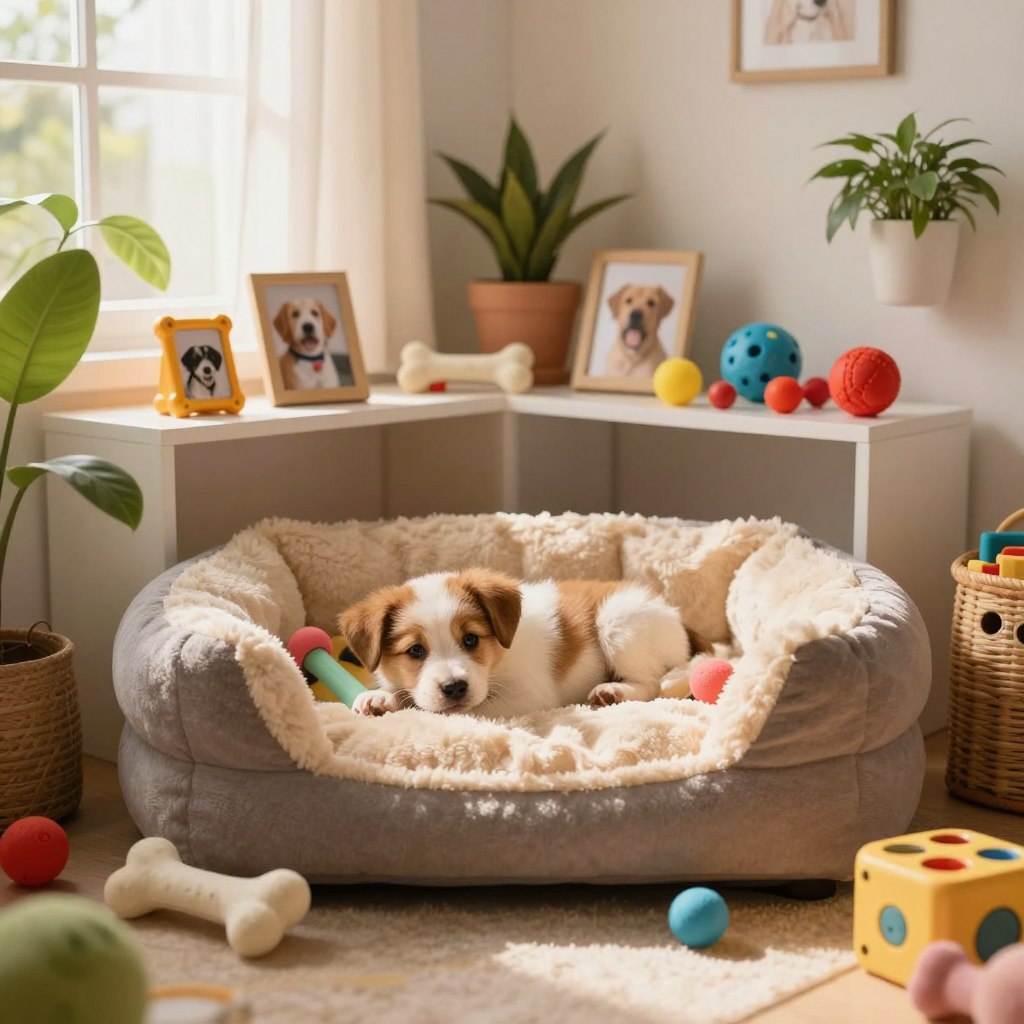 A cozy corner designed as a pet paradise featuring a plush dog bed surrounded by colorful toys, such as chewable bones, bright balls, and interactive puzzles. In the foreground, the soft, inviting texture of the dog bed can be seen, with a playful puppy nestled comfortably. The middle layer includes a small shelf adorned with pet treats and a few framed photos of happy pets, while the background showcases a warm, soft-lit room with houseplants and a sunny window, creating a peaceful atmosphere. The lighting is warm and inviting, suggesting a late afternoon glow, with a slight lens blur to enhance the focus on the pet paradise setup. A sense of joy and comfort pervades the scene, perfect for any pet lover.