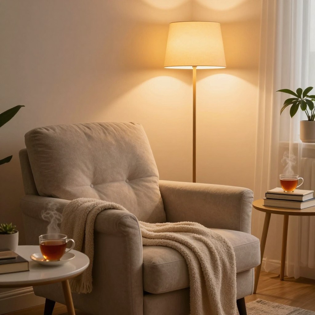 A cozy corner in a living room featuring warm ambient lighting, creating a welcoming atmosphere. In the foreground, an elegant accent chair in a soft, neutral fabric with a plush throw draped over it, inviting relaxation. A small round side table nearby holds a steaming cup of tea and a few stacked books. The middle ground showcases a stylish floor lamp with a soft yellow light, casting gentle shadows and highlighting the textures of the room. In the background, a serene wall with a subtle pastel color and some decorative plants adds a touch of greenery. The entire scene is bathed in a warm glow, emphasizing a peaceful, tranquil vibe, shot from a slightly elevated angle to capture the cozy nook.