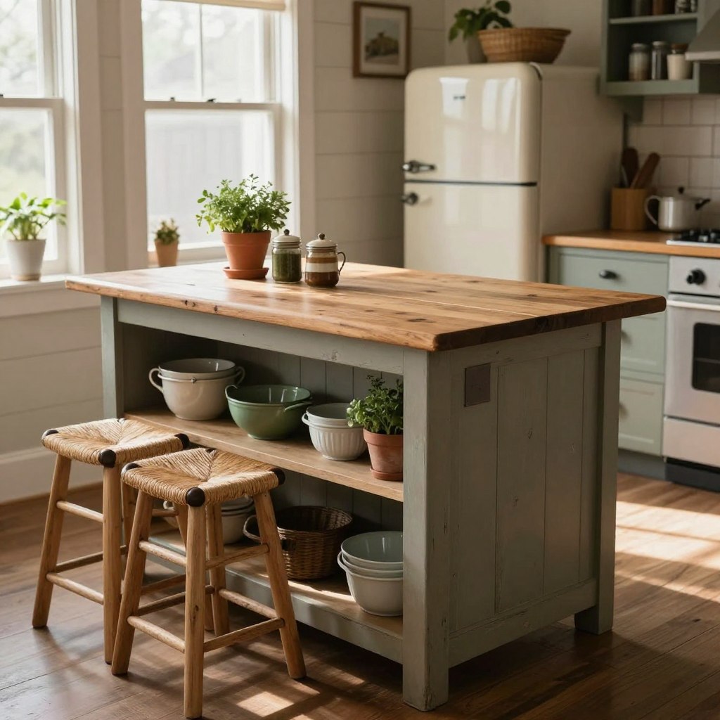 A cozy farmhouse-style kitchen island designed for small spaces, showcasing a rustic wooden tabletop with a distressed finish. The island features open shelving displaying charming vintage kitchenware and potted herbs. In the foreground, a set of comfortable stools with woven seats invites casual dining. In the middle ground, the island is flanked by soft, natural light filtering through a nearby window, casting gentle shadows. The background reveals a compact kitchen with shiplap walls, homey accents like mason jar decor, and a vintage-style refrigerator. The overall mood is warm and inviting, evoking a sense of countryside charm and practicality, perfect for compact living. Use soft, diffused lighting to enhance the cozy atmosphere. Capture the scene from a slightly elevated angle to provide a comprehensive view of the island and surroundings. A cozy farmhouse-style kitchen island designed for small spaces, showcasing a rustic wooden tabletop with a distressed finish. The island features open shelving displaying charming vintage kitchenware and potted herbs. In the foreground, a set of comfortable stools with woven seats invites casual dining. In the middle ground, the island is flanked by soft, natural light filtering through a nearby window, casting gentle shadows. The background reveals a compact kitchen with shiplap walls, homey accents like mason jar decor, and a vintage-style refrigerator. The overall mood is warm and inviting, evoking a sense of countryside charm and practicality, perfect for compact living. Use soft, diffused lighting to enhance the cozy atmosphere. Capture the scene from a slightly elevated angle to provide a comprehensive view of the island and surroundings.