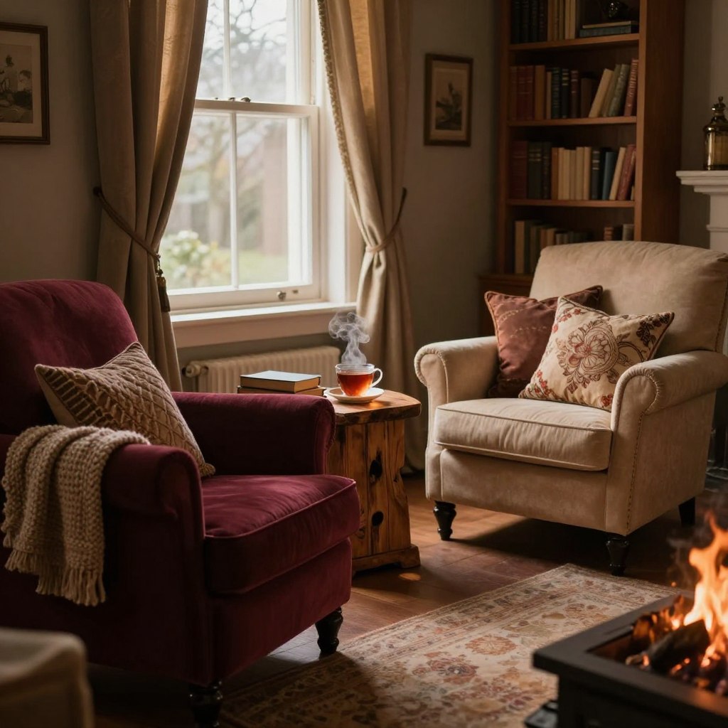 A cozy fireside reading nook featuring two inviting armchairs arranged to create an intimate atmosphere. In the foreground, a plush, deep-burgundy armchair adorned with a soft knitted throw complements a lighter, beige armchair embellished with decorative pillows. Both chairs are positioned at a slight angle towards a flickering fireplace, casting a warm, golden glow. In the middle ground, a rustic wooden side table holds a steaming cup of tea and a stack of books. The background reveals a softly lit room with wooden bookshelves and a large window framed by delicately draped curtains that let in gentle, natural light. The scene conveys warmth and comfort, perfect for unwinding with a good book on a chilly evening.