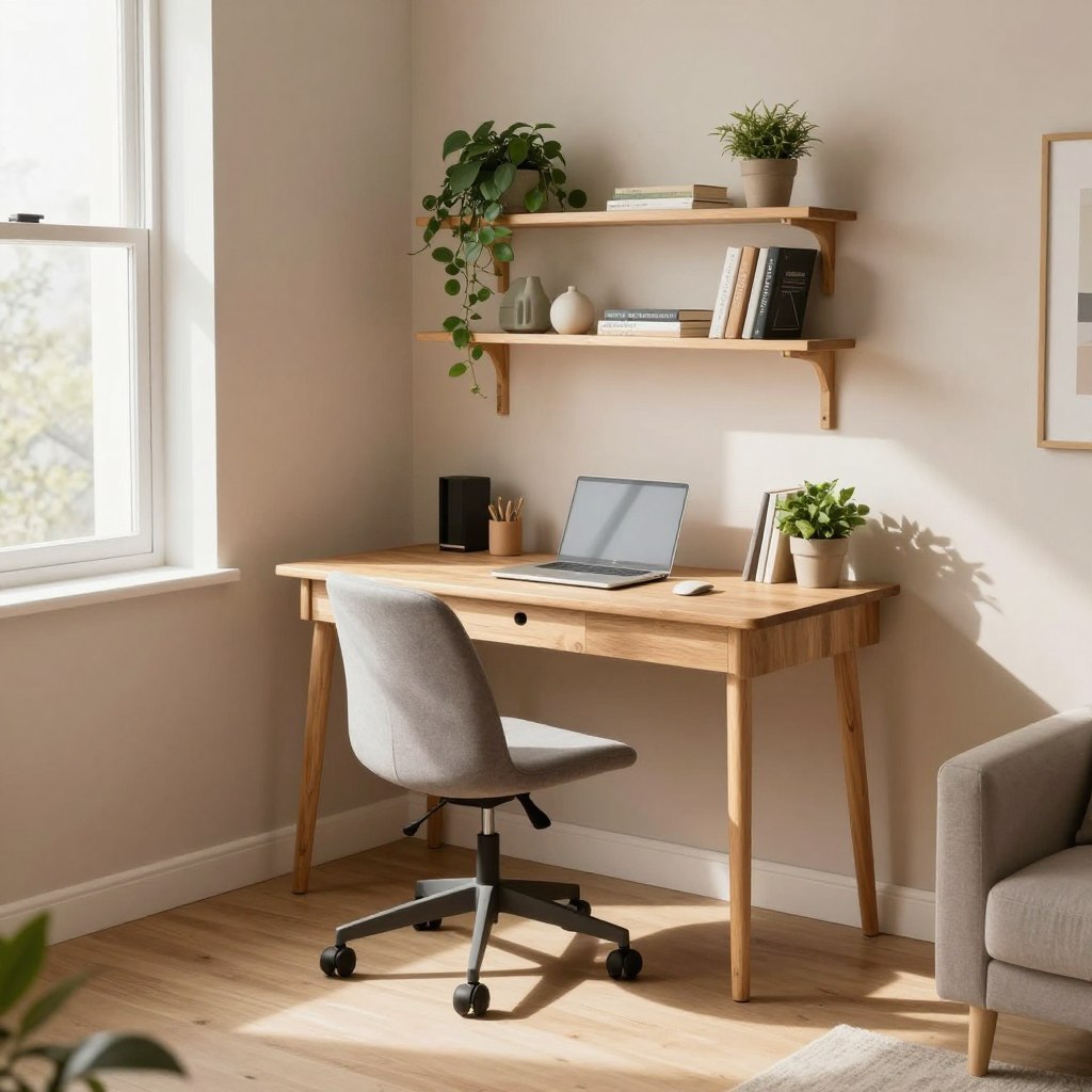 A cozy home office nook nestled in an empty corner of a living room, featuring a compact wooden desk with clean lines and a stylish ergonomic chair. Above the desk, elegant shelves display potted plants, books, and decorative items, enhancing the functional yet aesthetic appeal. Soft, natural light streams in from a nearby window, casting gentle shadows and creating an inviting atmosphere. The walls are painted in calming pastel hues, accentuating the minimalist design. The scene captures a blend of productivity and comfort, perfect for a small workspace. The angle is slightly elevated to showcase the arrangement, ensuring a warm and inspiring vibe throughout the space.