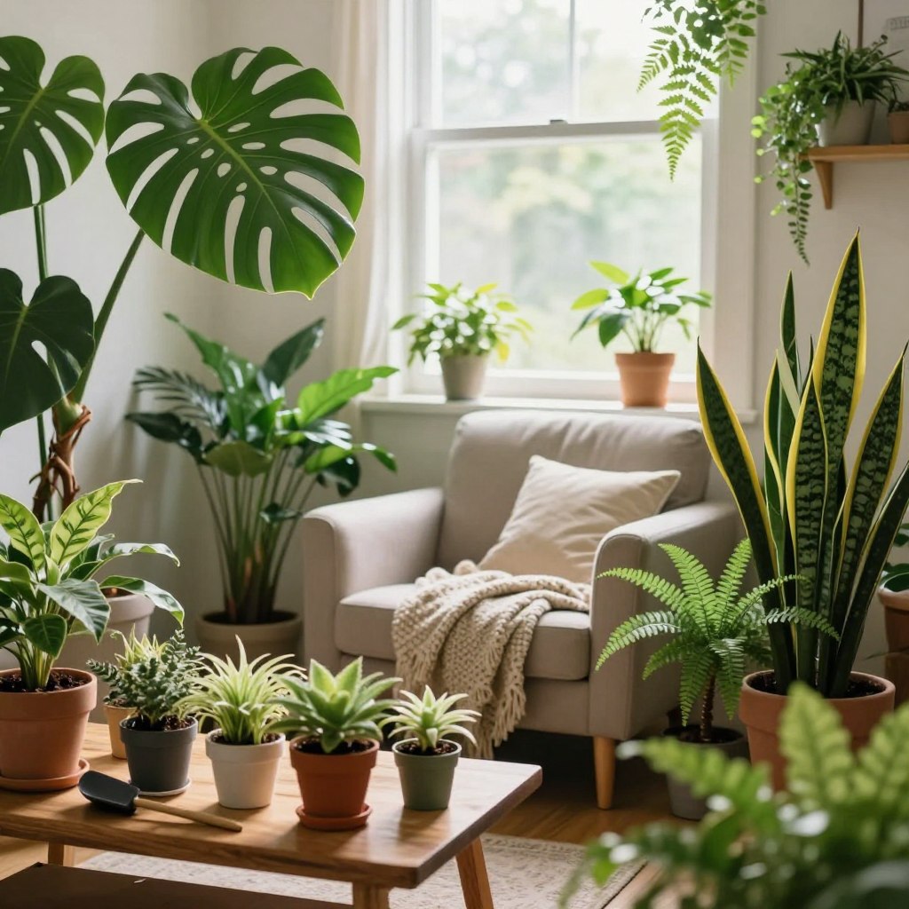 A cozy indoor setting featuring a variety of lush indoor plants, such as a large leafy monstera, vibrant snake plants, and delicate ferns. In the foreground, a stylish wooden table holds a colorful array of small potted plants and gardening tools, hinting at the benefits of indoor gardening. In the middle, a comfortable reading nook with a plush armchair and soft throw blankets invites relaxation, surrounded by greenery that enhances the atmosphere. The backdrop reveals a sunlit window, with soft natural light streaming in, creating a warm and inviting ambiance. The mood is serene and refreshing, emphasizing the calming and health benefits of indoor plants. The scene is captured with a soft focus, offering a lens effect that highlights the lush textures and vibrant colors.