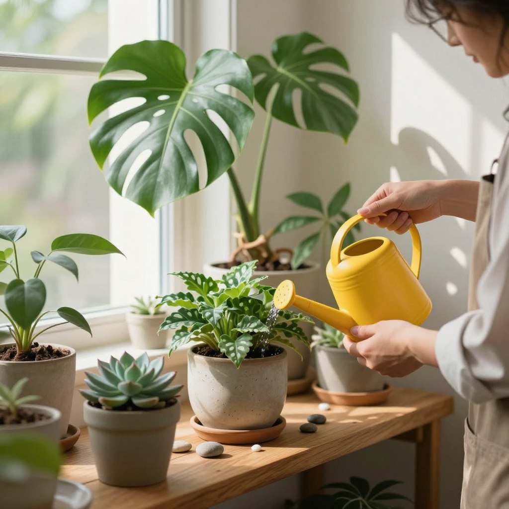 A cozy indoor space filled with a variety of healthy indoor plants, including a large leafy Monstera and delicate succulents, arranged artfully on a wooden shelf. In the foreground, a pair of hands in professional attire gently watering a plant with a bright, stylish watering can. In the middle, a beautiful ceramic pot filled with vibrant green foliage, surrounded by some decorative pebbles. The background features a sunlit window with soft, diffused natural light streaming in, casting gentle shadows on a textured wall. The overall atmosphere is tranquil and inviting, conveying a sense of care and commitment to plant nurturing in a comfortable home setting.
