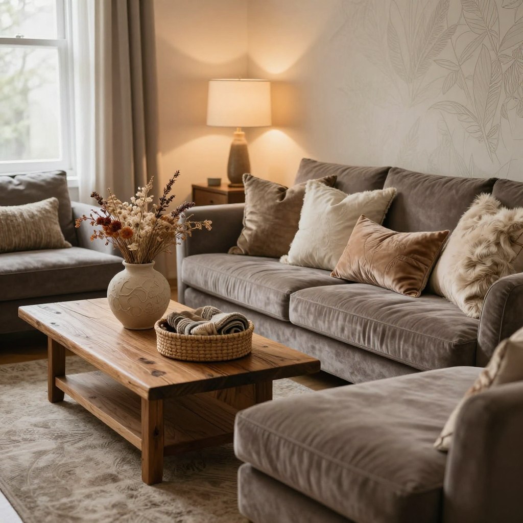 A cozy, inviting living room showcasing multisensory textural experiences. In the foreground, a plush velvet sofa adorned with a variety of decorative pillows of differing fabrics like silk, linen, and faux fur. The middle ground features a stylish coffee table made of reclaimed wood, topped with a tactile clay vase filled with dried flowers and a woven basket containing artisan throws. The background presents a softly lit wall with textured wallpaper, while warm, ambient lighting casts a serene glow. Large windows allow natural light to filter through soft sheer curtains, creating a tranquil atmosphere. The scene conveys comfort and elegance, inspiring viewers with a sense of richness in tactile experiences, perfect for the modern home décor aesthetic of 2026.