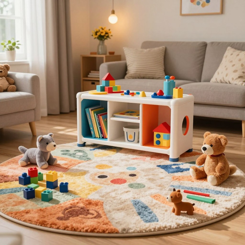 A cozy kids' play corner in a living room, featuring soft, colorful rugs that create a welcoming atmosphere. In the foreground, a plush round rug with vibrant patterns is scattered with a variety of engaging toys, such as building blocks, plush animals, and art supplies. The middle ground showcases a smart, modular toy storage unit with open cubbies, neatly organizing toys and books, while maintaining an aesthetically pleasing look. In the background, a warm, softly lit living room setting enhances the inviting feel, with a comfortable sofa and family-friendly decor, illuminated by gentle natural light streaming through a nearby window. The overall mood is cheerful and playful, perfect for children’s creativity and comfort.
