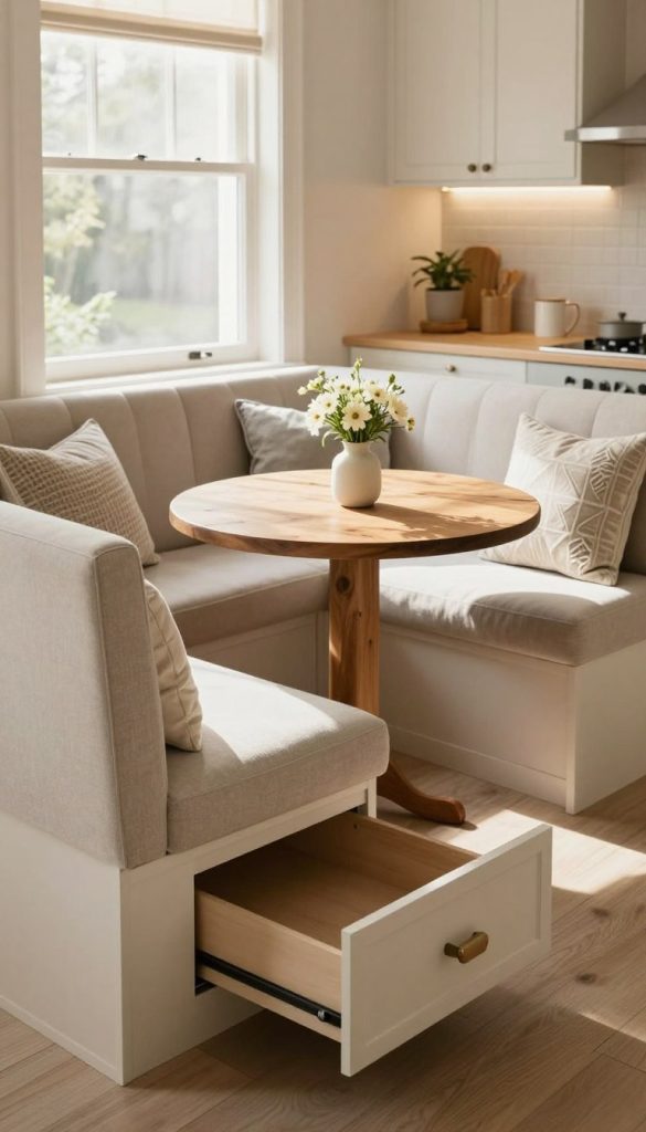 A cozy kitchen nook featuring corner banquette seating with built-in storage, thoughtfully designed to maximize space. The foreground showcases a plush, L-shaped banquette in soft, neutral tones with decorative cushions, while under the seating, sleek, pull-out drawers offer hidden storage solutions. In the middle, a small round wooden table with a rustic finish complements the banquette, adorned with a simple vase of fresh flowers. The background reveals a bright kitchen with warm, natural light streaming through a large window, casting gentle shadows. The atmosphere is inviting and serene, perfect for leisurely breakfasts. The composition is shot from a slightly elevated angle to capture the nook's layout, highlighting both comfort and functionality in a stylish setting.