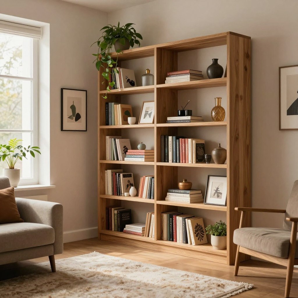 A cozy living room corner featuring a DIY floor-to-ceiling bookshelf, stylishly filled with a diverse collection of books and elegant decor items like indoor plants, framed art, and decorative boxes. The bookshelf is made from light wood with a modern finish, seamlessly integrated into the corner and illuminated by soft, warm lighting. The room is adorned with a plush area rug and a comfortable armchair, creating an inviting reading nook. A large window lets in natural light, enhancing the warm atmosphere. The camera perspective captures the bookshelf prominently while showcasing the harmonious arrangement of furniture and decor, evoking a sense of tranquility and creativity in this intimate living space.