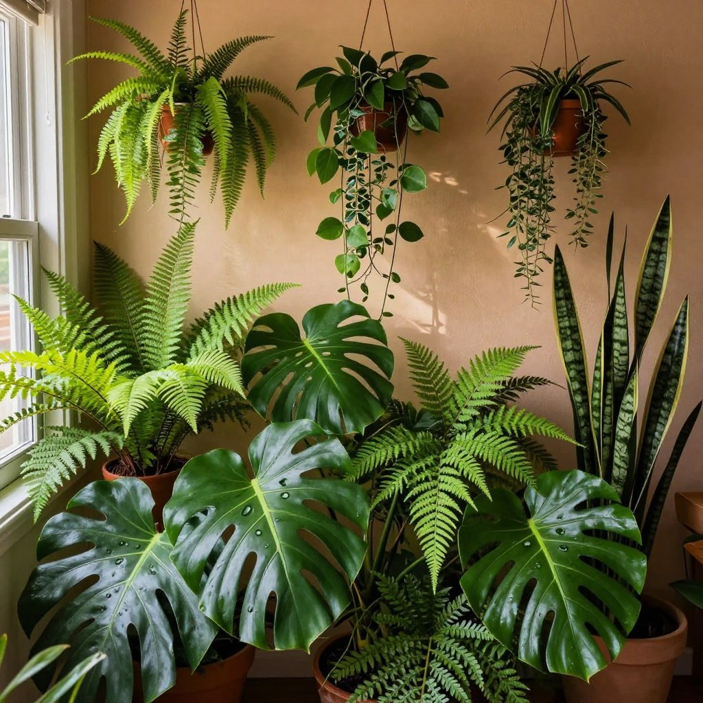 A cozy living room corner transformed into a lush, leafy jungle, filled with a variety of vibrant indoor plants such as ferns, philodendrons, and snake plants. In the foreground, a large potted monstera adds dimension, its glossy leaves reaching outwards. The middle ground features various hanging planters with cascading vines, creating depth and layers. In the background, a softly textured wall painted in warm earth tones enhances the green foliage. The lighting is warm and inviting, mimicking natural sunlight filtering through a nearby window, casting gentle shadows. Capture the scene from a slightly elevated angle to emphasize the abundance of greenery and evoke a serene, tranquil atmosphere, perfect for creating a refreshing indoor oasis.