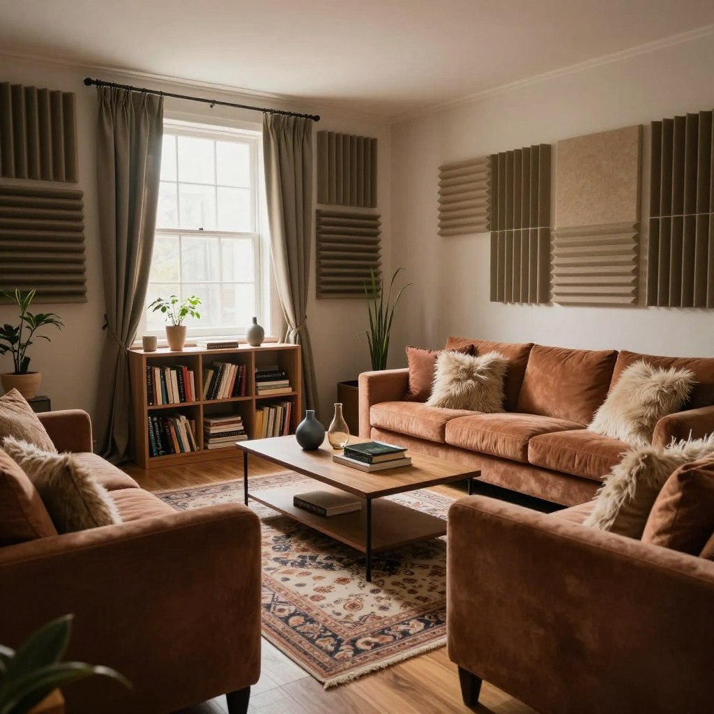 A cozy living room designed for soundproofing, featuring an array of strategic furniture arrangements and soft furnishings. The foreground showcases a plush sofa upholstered in a rich, textured fabric, adorned with fluffy throw pillows. A patterned area rug lies beneath, enhancing the acoustic absorption. In the middle, a coffee table displays a few stylish decorative items, surrounded by well-placed bookshelves filled with various books, further adding to the sound-dampening effect. The background reveals window treatments of heavy, layered drapes and acoustic panels mounted on walls, creating a serene atmosphere. Soft, natural light filters in through the windows, casting gentle shadows and warm tones throughout the room, evoking a tranquil and inviting mood. The overall composition emphasizes comfort and functionality in soundproof living spaces. A cozy living room designed for soundproofing, featuring an array of strategic furniture arrangements and soft furnishings. The foreground showcases a plush sofa upholstered in a rich, textured fabric, adorned with fluffy throw pillows. A patterned area rug lies beneath, enhancing the acoustic absorption. In the middle, a coffee table displays a few stylish decorative items, surrounded by well-placed bookshelves filled with various books, further adding to the sound-dampening effect. The background reveals window treatments of heavy, layered drapes and acoustic panels mounted on walls, creating a serene atmosphere. Soft, natural light filters in through the windows, casting gentle shadows and warm tones throughout the room, evoking a tranquil and inviting mood. The overall composition emphasizes comfort and functionality in soundproof living spaces.