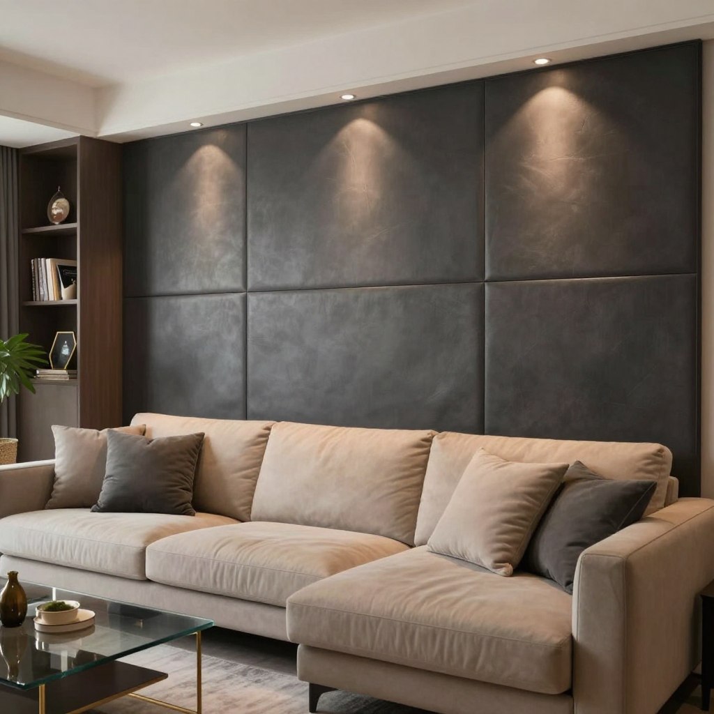 A cozy living room featuring a faux leather accent wall installation in deep charcoal gray, with a smooth finish that mimics natural leather texture. In the foreground, a modern beige couch adorned with plush throw pillows sits invitingly, while a stylish coffee table made of glass and metal complements the décor. The middle ground showcases the accent wall, illuminated by warm overhead lighting that highlights the elegant imperfect seams and rich depth of color in the faux leather. The background reveals a stylish bookshelf with curated decor items, and a subtle hint of greenery from potted plants. The atmosphere is luxurious yet inviting, evoking a sense of sophistication and comfort in this well-designed space, shot at a slight angle for depth, using soft focus to draw attention to the accent wall.