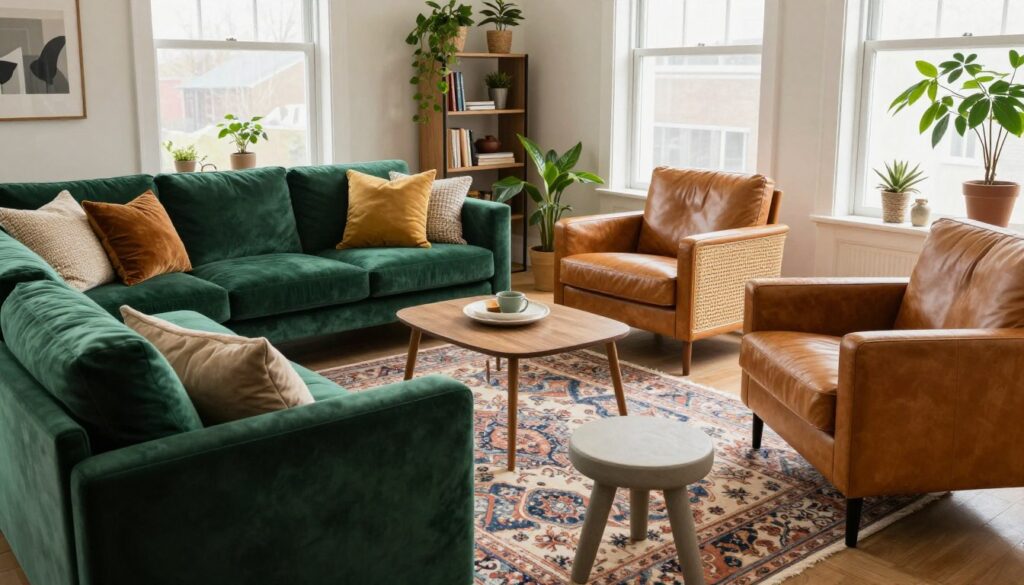 A cozy living room featuring a mix of eclectic seating styles, showcasing various materials for rich textural contrast. In the foreground, a plush velvet sofa in deep emerald green invites relaxation, paired with a modern leather armchair in a warm caramel hue. A woven rattan chair adds natural texture, while a sleek minimalist stool offers a contemporary touch. In the middle, a beautifully patterned area rug unifies the space, while decorative throw pillows introduce color and softness. The background features a stylish bookshelf filled with plants and decorative items, alongside large windows that allow soft natural light to fill the room. The atmosphere is inviting and vibrant, promoting creative comfort and stylish diversity. Use a wide-angle lens to capture the full ensemble, with soft diffused lighting creating a warm and welcoming ambiance. A cozy living room featuring a mix of eclectic seating styles, showcasing various materials for rich textural contrast. In the foreground, a plush velvet sofa in deep emerald green invites relaxation, paired with a modern leather armchair in a warm caramel hue. A woven rattan chair adds natural texture, while a sleek minimalist stool offers a contemporary touch. In the middle, a beautifully patterned area rug unifies the space, while decorative throw pillows introduce color and softness. The background features a stylish bookshelf filled with plants and decorative items, alongside large windows that allow soft natural light to fill the room. The atmosphere is inviting and vibrant, promoting creative comfort and stylish diversity. Use a wide-angle lens to capture the full ensemble, with soft diffused lighting creating a warm and welcoming ambiance.