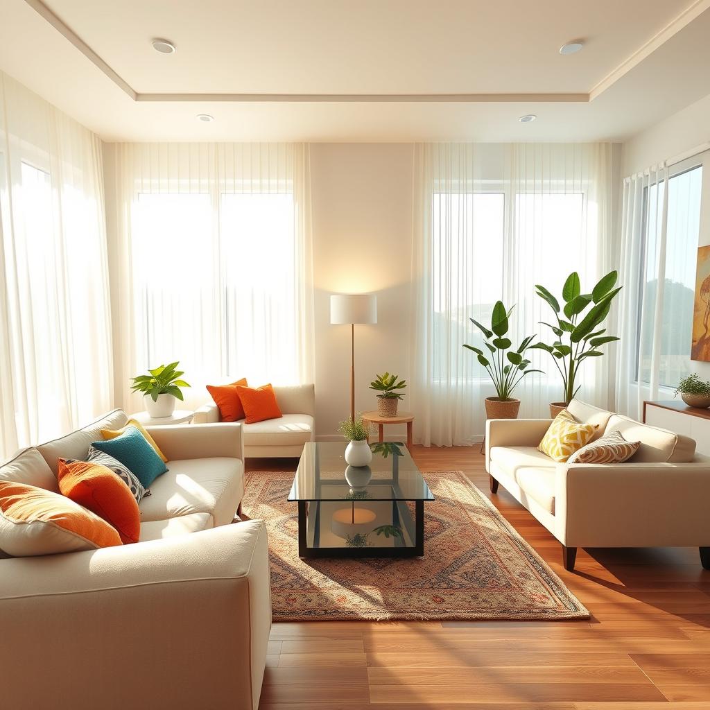 A cozy living room featuring a strategic furniture layout that maximizes the beauty of large, sunlit windows. In the foreground, a plush cream sofa faces the window, adorned with colorful throw pillows that enhance the brightness of the space. A sleek, glass coffee table sits centrally, reflecting natural light. In the middle, an inviting area rug defines the seating area, complemented by a stylish floor lamp casting a warm glow. Potted plants flanking the windows add a touch of greenery. In the background, sheer curtains diffuse the sunlight, creating a serene atmosphere while minimizing glare. The scene captures a blend of modern and minimalist decor, emphasizing comfort and functionality, with soft, natural lighting that enhances the inviting mood. The image is wide-angle, showcasing the spacious layout and openness of the room.
