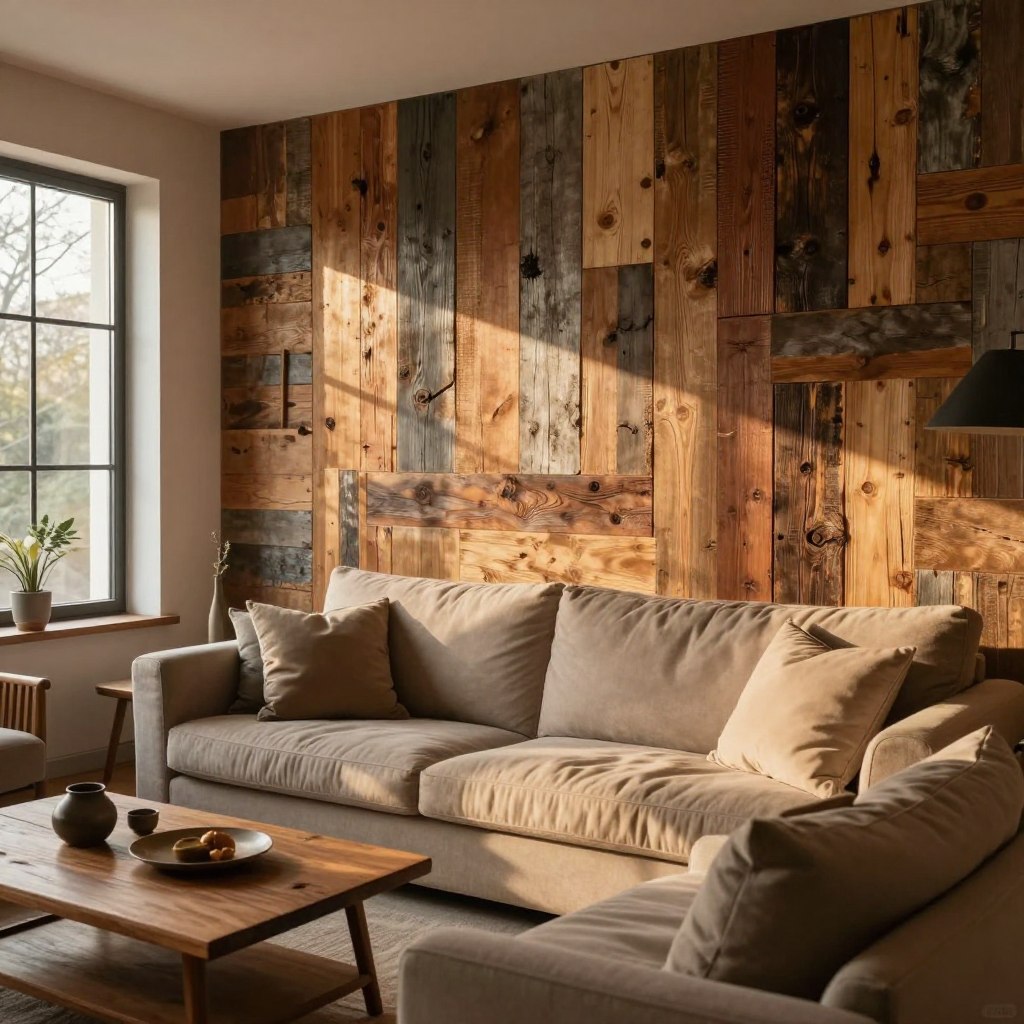 A cozy living room featuring a stunning reclaimed wood accent wall, showcasing an array of richly textured wooden planks in various shades of brown and gray, blending seamlessly to create a rustic yet sophisticated look. In the foreground, a comfortable couch adorned with neutral throw pillows invites relaxation. To the left, a wooden coffee table holds a few decorative items, enhancing the homey atmosphere. Through a large window in the background, warm, golden sunlight spills into the room, casting soft shadows and creating a welcoming ambiance. The image captures a serene and inviting environment, emphasizing the charm of reclaimed wood and its ability to add character to modern living spaces.