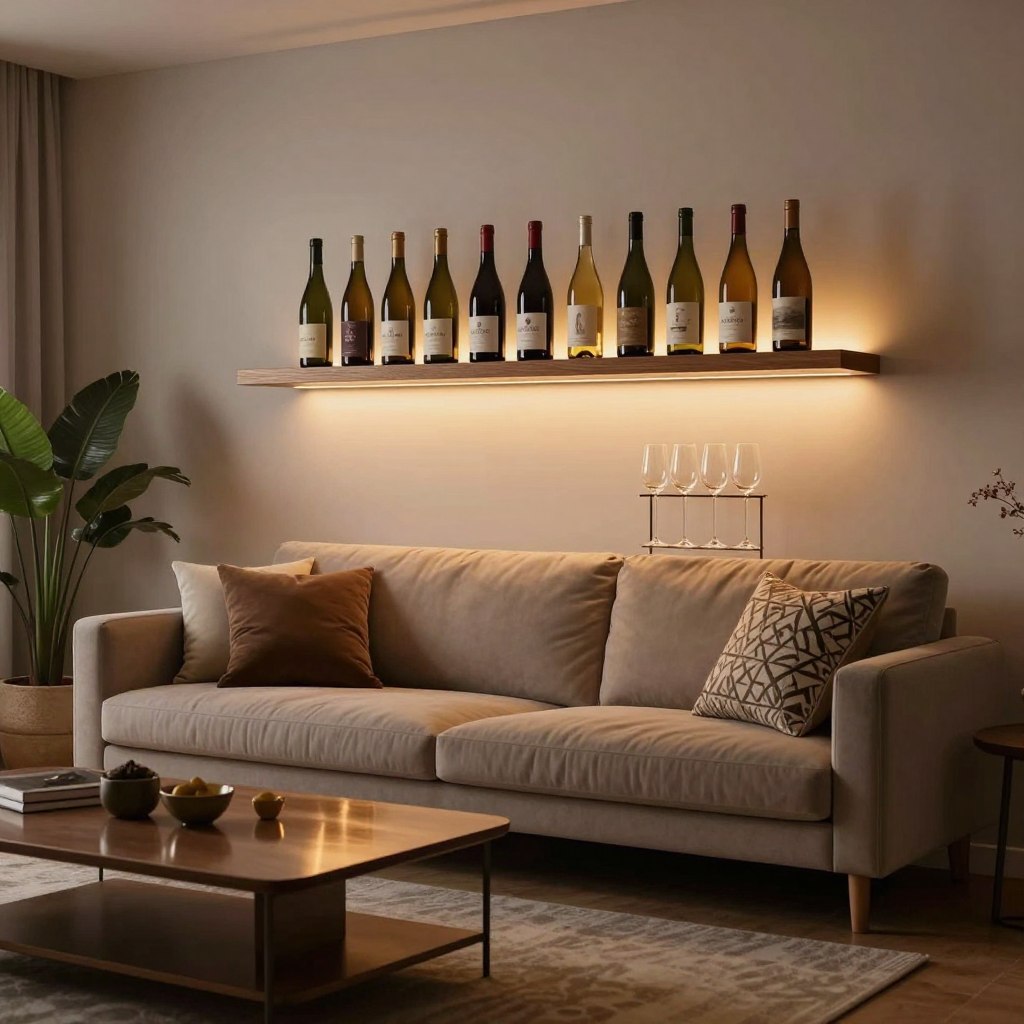 A cozy living room featuring a stylish floating shelf wine bar. In the foreground, a sleek wooden shelf holds an assortment of wine bottles, elegantly displayed above a minimalist, contemporary wine glass holder. The middle ground showcases a plush sofa adorned with decorative cushions, paired with a chic coffee table. On the left, a potted plant adds a touch of greenery. In the background, soft ambient lighting casts a warm glow, enhancing the inviting atmosphere. The scene is set during the evening, with the light reflecting off polished surfaces, creating a relaxed and sophisticated mood. Use a wide-angle lens to encompass the entire layout, emphasizing the seamless integration of the wine bar into the living space.