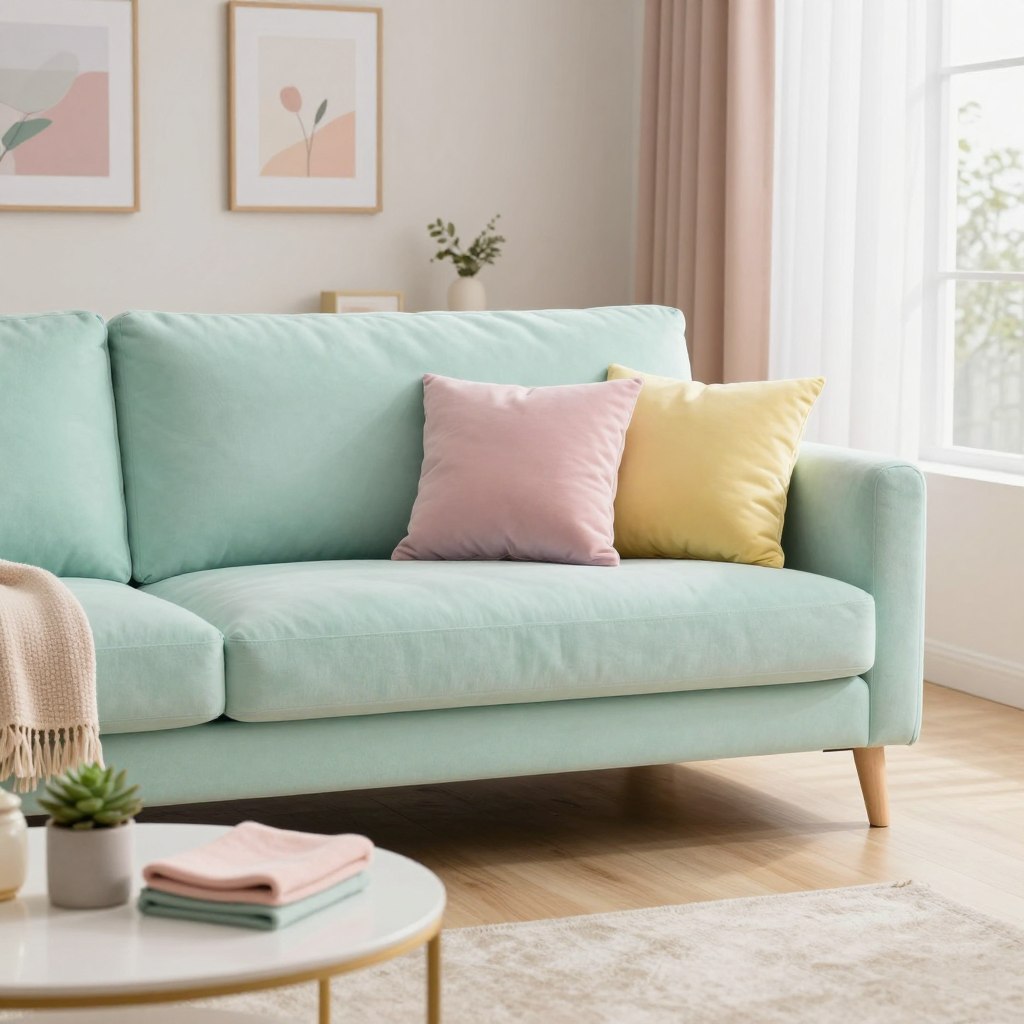 A cozy living room featuring a stylish pastel sofa in soft mint green, adorned with a cluster of accent cushions in blush pink, lavender, and pale yellow. The foreground includes a sleek coffee table with a few decorative items, such as a small potted succulent and a neatly folded throw blanket in complementary shades. In the middle, a light wood floor enhances the gentle aesthetics, while warm ambient lighting creates a serene atmosphere. The background showcases tasteful wall art in pastel colors and a large window draped with sheer curtains, allowing soft natural light to filter in. This harmonious space evokes tranquility and comfort, perfect for soft living room aesthetics.