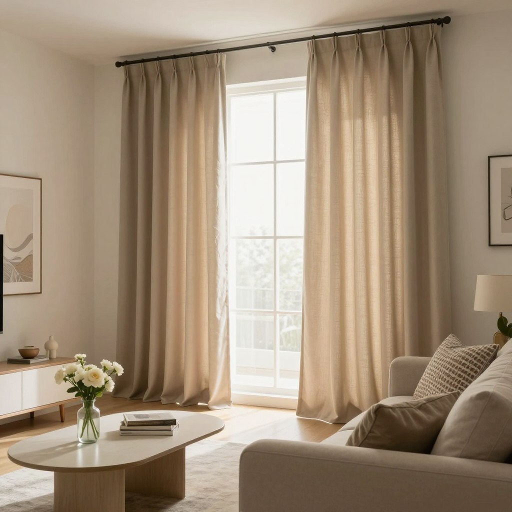 A cozy living room featuring elegant beige and taupe curtains gracefully draped over a large window, letting soft, warm sunlight flood the space. The curtains have a subtle texture, showcasing a blend of muted shades that enhance the room's atmosphere. In the foreground, a plush, neutral-toned sofa adorned with decorative pillows adds to the inviting feel. The middle ground includes a stylish coffee table with a small vase of fresh flowers and a couple of books stacked casually. In the background, light walls with minimalistic decor complement the curtains, creating a harmonious and relaxing ambiance. The image is captured from a slightly elevated angle, evoking a sense of openness and comfort, with gentle, diffused lighting to accentuate the warmth of the colors.