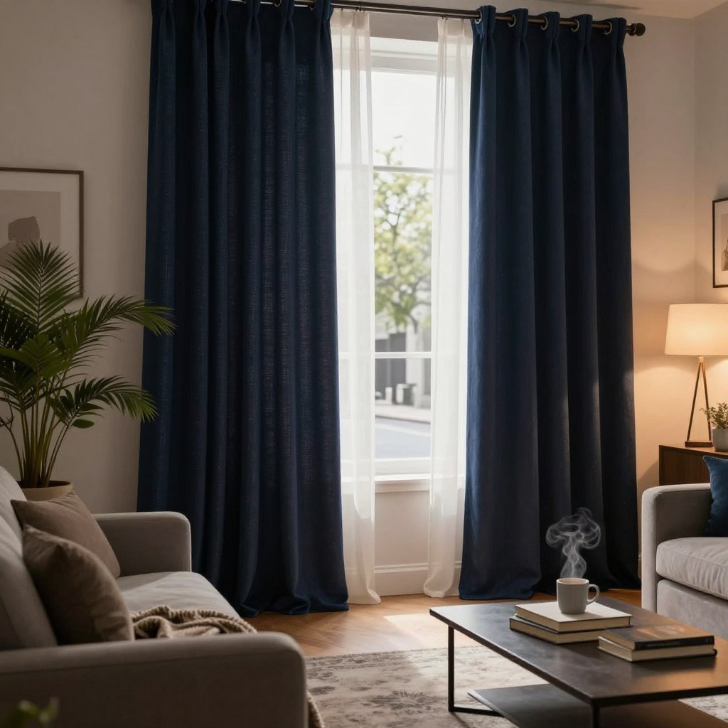 A cozy living room featuring elegant soundproof curtains draping over large windows, showcasing a deep, rich fabric in a dark navy color with subtle texture. The curtains are layered with sheer white panels, allowing soft, diffused natural light to filter through, creating a warm ambiance. In the foreground, a plush sofa with an inviting throw blanket complements the decor, while potted plants add a touch of greenery. The middle ground presents a stylish coffee table adorned with books and a steaming mug, enhancing the comfort of the space. In the backdrop, the window reveals a serene view of a quiet street, reinforcing the soundproofing theme. The warm, inviting light from a nearby lamp casts gentle shadows, enhancing the tranquility of the setting. The image is meticulously composed with a depth of field effect, capturing the essence of a peaceful, soundproof living area.