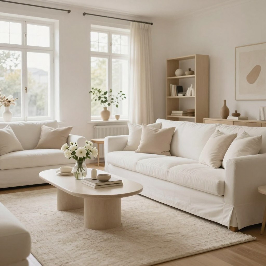 A cozy living room featuring various shades of creamy whites on the walls, showcasing the soft, inviting appeal of complex neutrals. In the foreground, a plush white sofa with light beige throw pillows sits elegantly, complemented by a textured cream area rug beneath. In the middle, a stylish coffee table holds a small vase of fresh white flowers, surrounded by tasteful decor. The background features large windows allowing warm natural light to filter in, illuminating the serene space. A minimalist bookshelf filled with select decor items adds depth. The overall mood is tranquil and sophisticated, designed to evoke comfort and refinement, with a soft focus lens effect to enhance warmth and coziness.