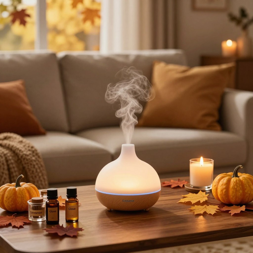 A cozy living room scene celebrating fall, featuring an elegant essential oil diffuser on a wooden coffee table. The diffuser emits a gentle mist, surrounded by autumn-themed decor such as small pumpkins, colorful leaves, and warm, inviting candles. In the foreground, there are small glass containers filled with essential oils labeled as "Cinnamon," "Clove," and "Sweet Orange." The middle ground showcases a comfortable sofa adorned with plush throws and seasonal cushions, inviting relaxation. The background reveals a softly lit window with falling leaves outside, casting a warm, golden hue throughout the room. Utilize soft, warm lighting to enhance the inviting atmosphere, capturing the essence of autumn gatherings in a living room setting.