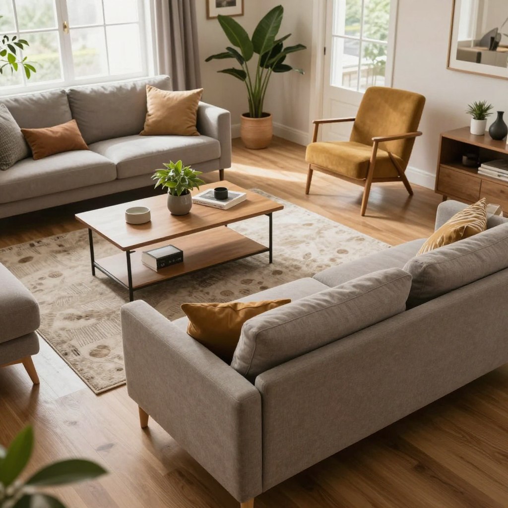 A cozy living room scene featuring a stylish, modern sofa surrounded by clear pathways to illustrate effective traffic flow. In the foreground, a well-proportioned sofa sits comfortably, emphasizing its size and placement in relation to other furniture like a coffee table and accent chairs. The middle section includes decorative elements like a rug and plants that guide the viewer's eye while leaving space for easy movement. In the background, soft natural light filters through large windows, enhancing the warm, inviting atmosphere of the room. The angle is slightly above eye level, providing a comprehensive view of the arrangement while showcasing the importance of space for walking paths. The overall mood is relaxed and organized, ideal for a functional living room setting.
