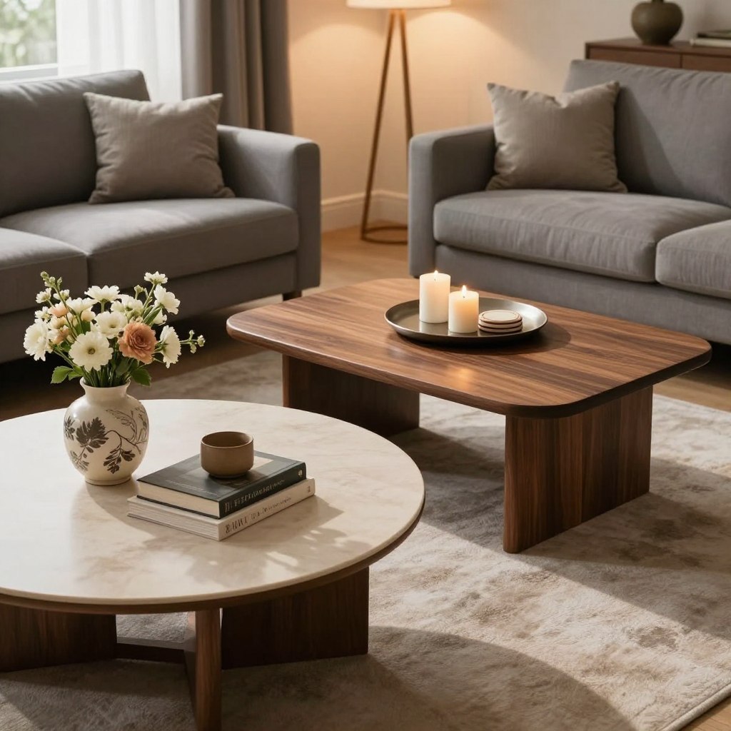 A cozy living room scene showcasing a round coffee table on one side and a square coffee table on the other, both elegantly styled. The foreground features a round coffee table with a soft beige surface, adorned with a decorative vase of fresh flowers and a couple of stacked coffee table books. Opposite, the square coffee table boasts a dark wood finish, with a chic tray holding candles and a stylish coasters set. In the middle ground, a plush gray sofa complements both tables, with coordinating cushions adding texture. The background reveals a well-lit room with warm ambient lighting, soft shadows, and a window with sheer curtains allowing natural light to flow in, creating an inviting atmosphere. The perspective is slightly elevated, capturing both tables harmoniously in their respective configurations.