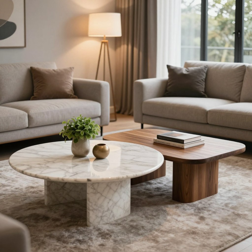 A cozy living room scene showcasing a variety of coffee table shapes, prominently featuring a round marble table and a square wooden table, set against a backdrop of modern interior design. The foreground highlights the smooth textures of the tables, adorned with a few decorative items like a small plant and a stack of books. In the middle ground, a plush area rug complements the contrasting shapes, while stylish sofas wrap around the tables, inviting comfort. The background consists of soft, warm lighting emanating from elegant floor lamps and large windows, allowing natural light to filter in, creating a serene atmosphere. The camera angle is focused at eye level, capturing the harmonious balance between round and square shapes, emphasizing how they fit into the overall room layout and size. A cozy living room scene showcasing a variety of coffee table shapes, prominently featuring a round marble table and a square wooden table, set against a backdrop of modern interior design. The foreground highlights the smooth textures of the tables, adorned with a few decorative items like a small plant and a stack of books. In the middle ground, a plush area rug complements the contrasting shapes, while stylish sofas wrap around the tables, inviting comfort. The background consists of soft, warm lighting emanating from elegant floor lamps and large windows, allowing natural light to filter in, creating a serene atmosphere. The camera angle is focused at eye level, capturing the harmonious balance between round and square shapes, emphasizing how they fit into the overall room layout and size.