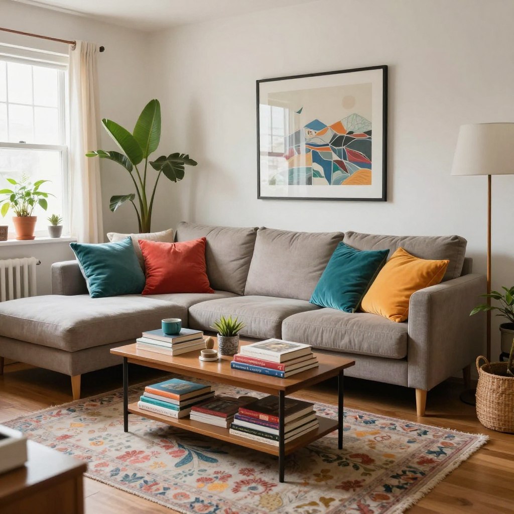 A cozy living room setting featuring a small, mismatched sofa that appears cramped against the space, highlighting the consequences of selecting a sofa that's too small. In the foreground, the sofa is adorned with bright, colorful throw pillows, but it is dwarfed by oversized decor items like a large rug and a tall floor lamp. In the middle, a coffee table cluttered with books and accessories is awkwardly positioned in the limited area, while a framed artwork looms on the wall, further emphasizing the mismatch. In the background, soft natural light streams through a window, illuminating plants that add a vibrant green contrast to the room. The overall atmosphere is inviting, yet subtly chaotic, capturing the essence of sizing errors in furniture selection.