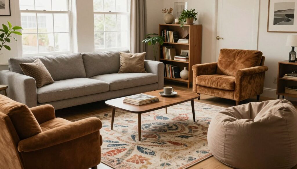 A cozy living room showcasing a harmonious mix of different seating styles, including a modern sectional sofa, vintage armchairs, a sleek mid-century coffee table, and an eclectic bean bag chair. In the foreground, a plush area rug features a blend of colors that complements the furniture. The middle layer reveals a stylish bookshelf adorned with plants and curated decor, enhancing the room's inviting atmosphere. The background portrays large windows allowing soft, natural light to stream in, creating a warm and welcoming environment. The mood is relaxed yet sophisticated, perfect for engaging conversations. Capture the scene from a slightly elevated angle to emphasize the arrangement of seating styles, aiming for a balanced composition without any people present. A cozy living room showcasing a harmonious mix of different seating styles, including a modern sectional sofa, vintage armchairs, a sleek mid-century coffee table, and an eclectic bean bag chair. In the foreground, a plush area rug features a blend of colors that complements the furniture. The middle layer reveals a stylish bookshelf adorned with plants and curated decor, enhancing the room's inviting atmosphere. The background portrays large windows allowing soft, natural light to stream in, creating a warm and welcoming environment. The mood is relaxed yet sophisticated, perfect for engaging conversations. Capture the scene from a slightly elevated angle to emphasize the arrangement of seating styles, aiming for a balanced composition without any people present.