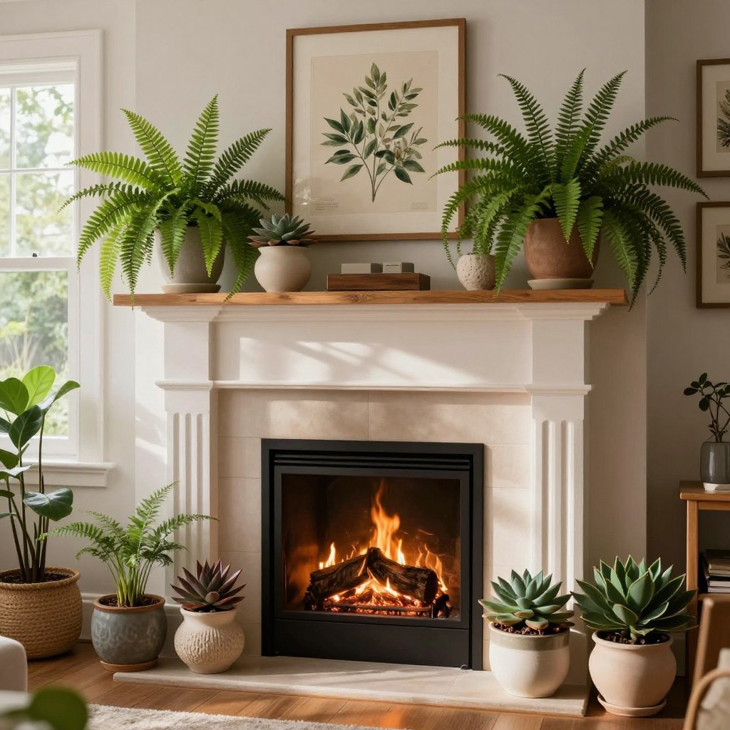 A cozy living room with an elegant mantle decorated with various indoor plants, featuring lush, green ferns and vibrant succulents in stylish ceramic pots. The foreground includes a wooden mantle adorned with a collection of eye-catching planters, showcasing different textures and shapes. In the middle, a warm, inviting fireplace serves as the central feature, with soft, glowing flames creating a peaceful atmosphere. The background reveals a tastefully arranged wall with framed botanical prints. Natural daylight filters through a nearby window, casting gentle shadows that enhance the greenery. The overall mood is tranquil and refreshing, perfect for inspiring a relaxing, nature-infused space. The composition is captured in a wide-angle view to encompass the full beauty of the decor.